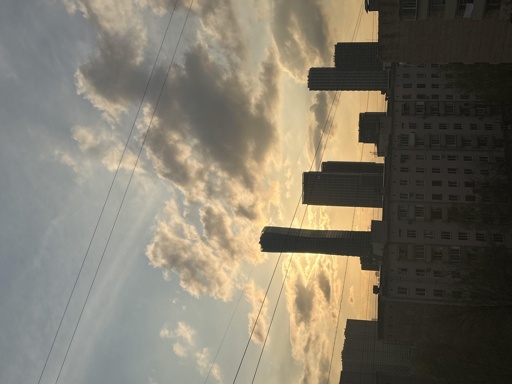 The image displays an urban landscape under a dramatic sky, likely captured during either sunrise or sunset. The sky occupies the majority of the frame, showcasing a striking contrast between bright, golden-lit cumulus clouds and darker, grayish cloud formations. An unseen sun casts a warm, intense glow that illuminates the clouds, particularly towards the center and right side of the sky.
Several dark, thin power lines or cables stretch diagonally across the sky from the upper left to the lower right. Below the horizon, a cluster of buildings stands silhouetted against the luminous sky. These include several tall, modern high-rise towers with repetitive window patterns, alongside more traditional multi-story apartment buildings with visible windows and balconies. Sparse, dark tree branches or foliage are visible at the very bottom of the frame, partially obscuring the lower sections of the buildings.
The scene captures a serene moment with no specific human activity visible. The interplay of natural light and urban architecture creates a sense of depth and atmosphere. This scene is situated in Khimki, Russia. There is no visible text in the image.
