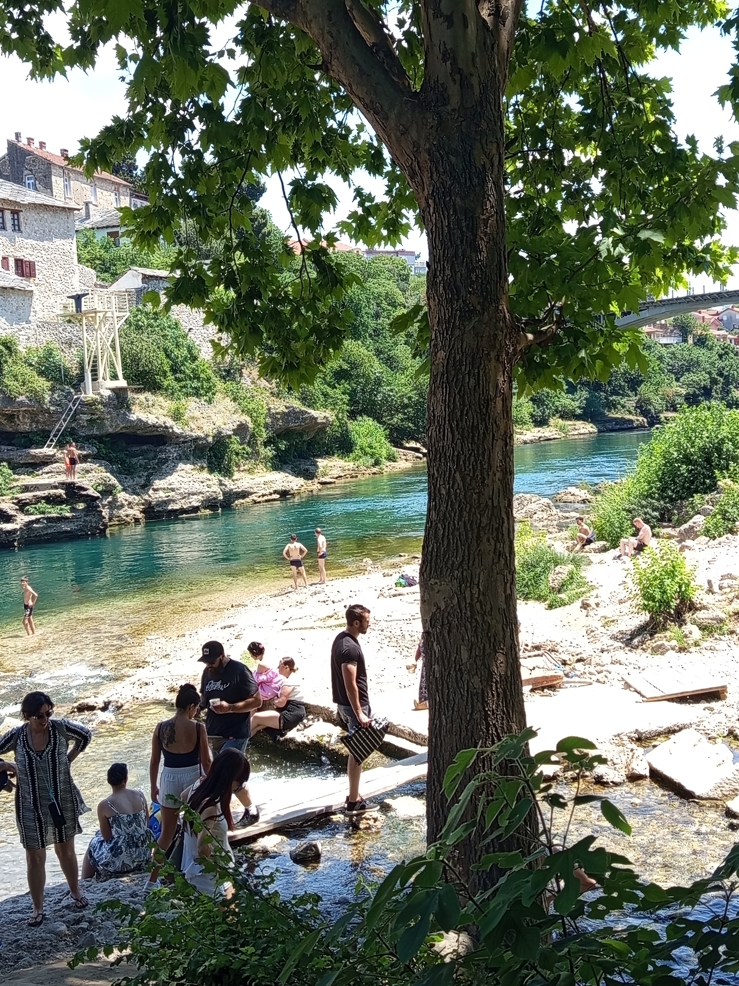 A group of people are gathered on a rocky bank and in shallow water along a turquoise river. In the background, old stone buildings with red-tiled roofs are visible, and a modern bridge spans the river further in the distance. Some people are wading in the water, while others are sitting or standing on the shore. A tall tree with dense green foliage partially obscures the view. The scene appears to be a popular spot for swimming and relaxation. This scene is likely the Kujundžiluk, the old bazaar street in Mostar, and the river is the Neretva.