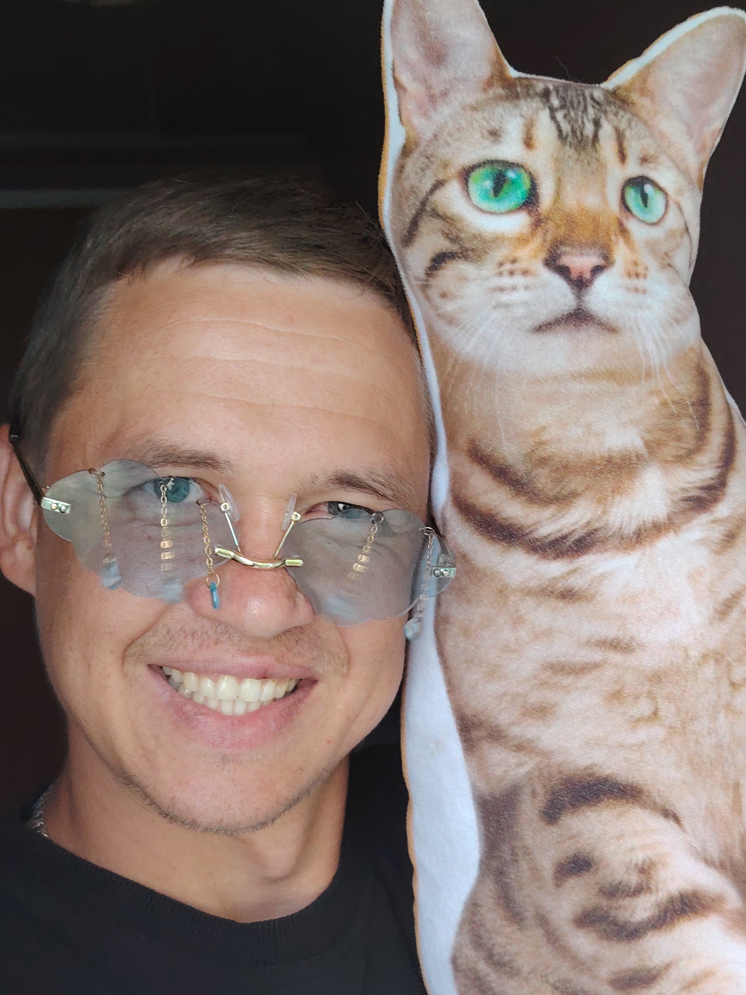 A man with short, brown hair is smiling at the camera. He is wearing rimless glasses with cloud-shaped lenses adorned with small chains and blue beads. Next to him, to his right, is a plush pillow shaped like a cat's head and upper torso, featuring green eyes and tabby markings. The man is wearing a black t-shirt and a silver chain necklace. The background is dark and out of focus. The image appears to be a selfie, taken indoors. There is no visible information to suggest the location is the city of Chaikovsky, Russia.