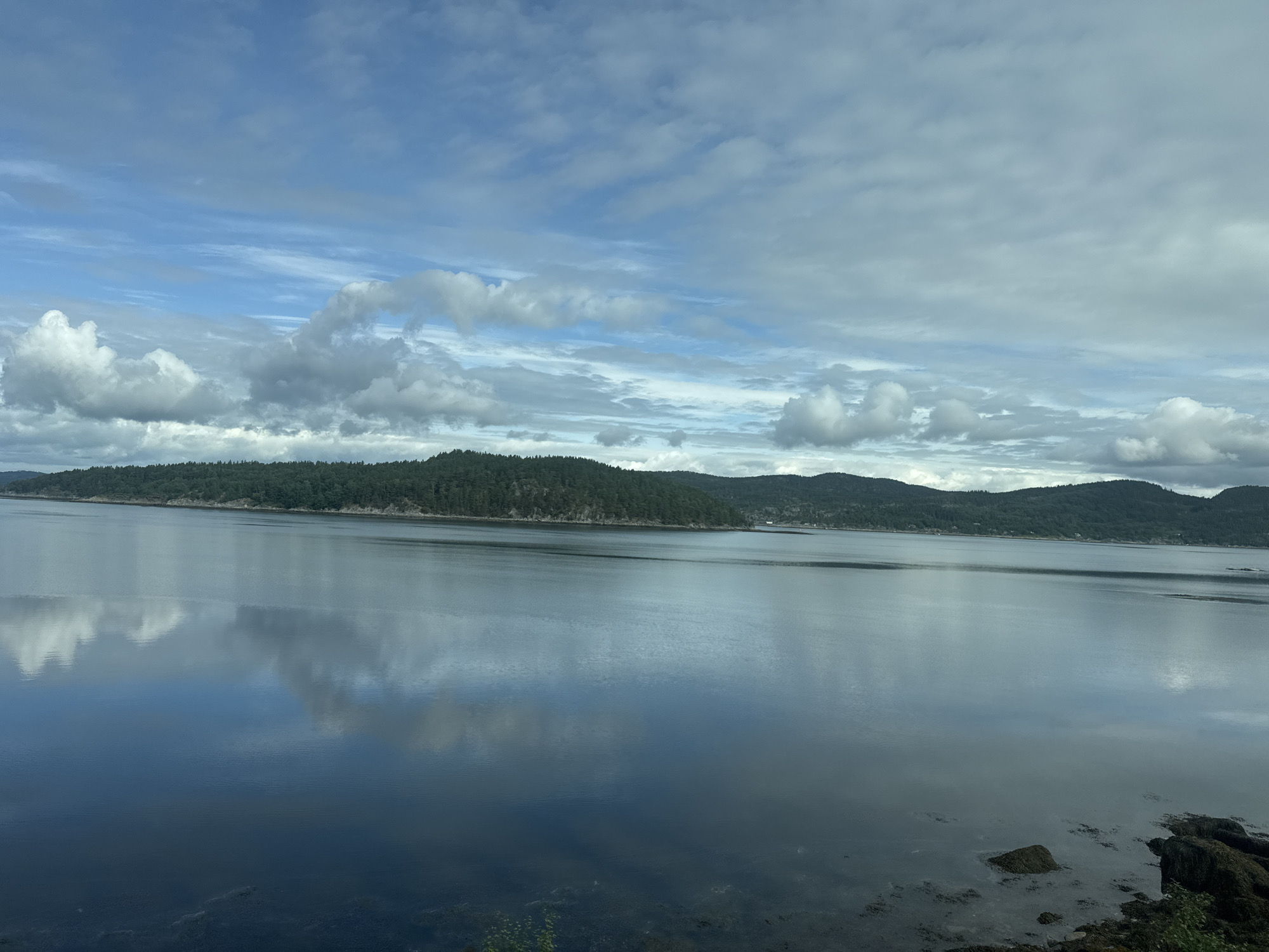 This is a wide-angle, eye-level, landscape photograph taken on a cloudy day. The scene depicts a calm, expansive body of water, likely a fjord, with a tree-covered coastline stretching across the horizon. The water reflects the sky and clouds, creating a serene and somewhat muted visual effect. The sky is filled with a mix of white and gray clouds, with patches of blue sky visible, suggesting the weather is overcast but not entirely gloomy.
The coastline is densely forested with dark green trees, and the rolling hills of the land create a textured backdrop. The water's surface is mostly smooth, with subtle ripples indicating a lack of strong wind. In the foreground, the edge of the water meets rocky terrain, with several dark, wet rocks and some sparse vegetation visible at the lower right.
The time of day appears to be daytime, likely afternoon, given the lighting and cloud cover. The overall mood is tranquil and natural, emphasizing the beauty of the Norwegian landscape. There is no visible text in the image, and no people or man-made objects are prominently featured, drawing attention solely to the natural elements of the scene. The location context is Skatval, Norway.