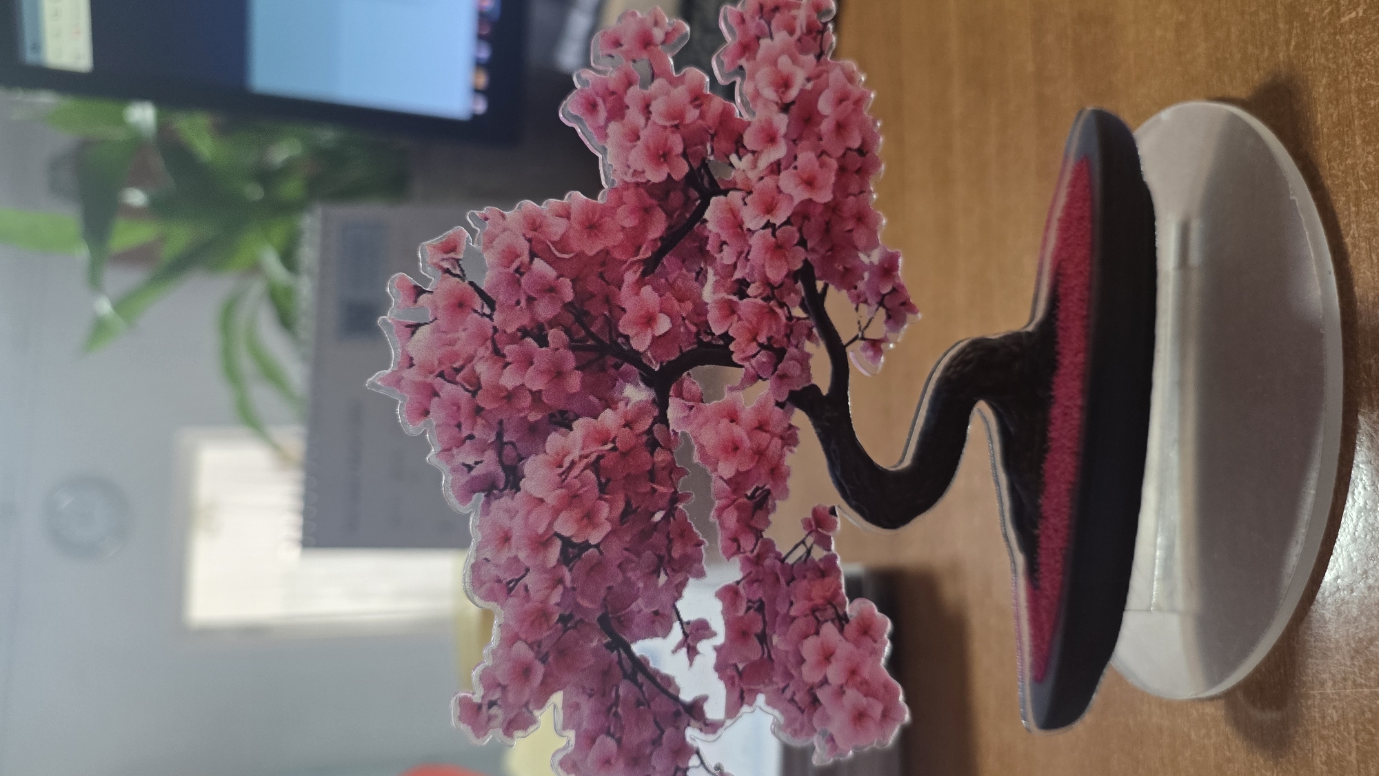 A close-up, low-angle shot shows a decorative cherry blossom tree figurine. The figurine is made of clear acrylic with a printed image of a pink cherry blossom tree, complete with a dark brown, curved trunk and a planter base. The planter is dark gray with a red, textured inner surface. The figurine rests on a translucent, circular plastic stand. The background is blurred, showing a wooden desk surface, a calendar or binder, a plant, and part of a computer monitor. The overall scene appears to be an indoor desk environment. The location is not specified in the image.