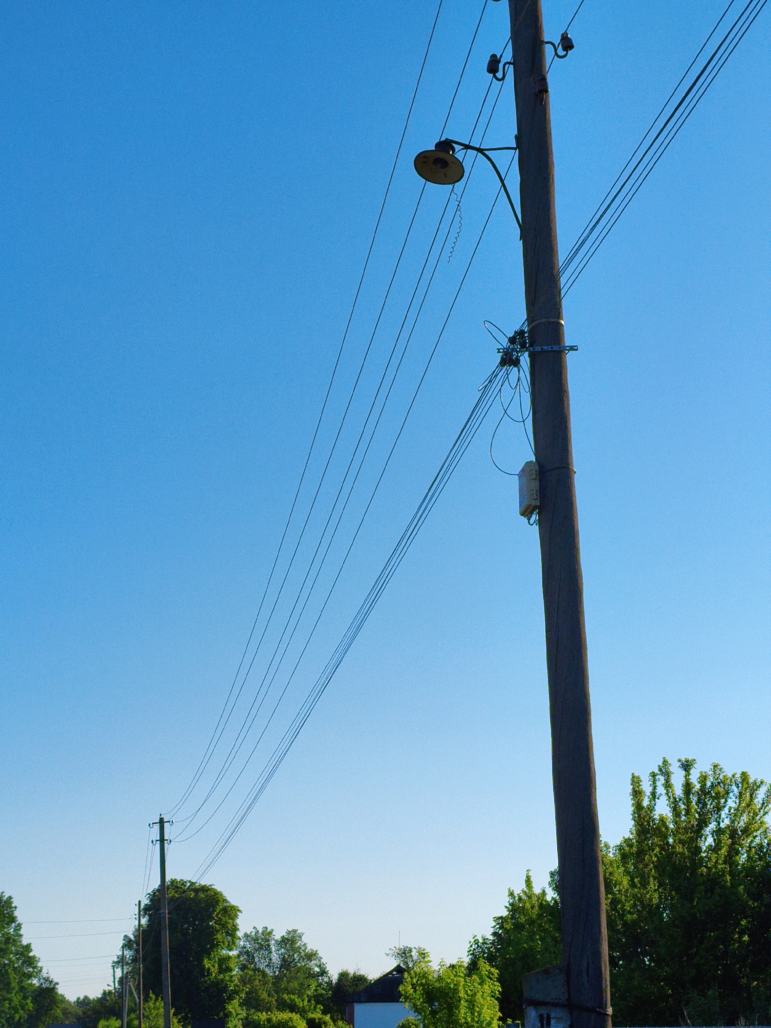 A photograph taken outdoors on a bright, clear day shows a power line pole with street lighting in the vicinity of Ustyvytsia, Ukraine. The sky is a gradient of blue. A wooden pole takes up the center and upper right of the image. An old-fashioned street lamp hangs from the pole. Wires run along the pole, horizontally. There is green vegetation at the base of the pole. Other telephone poles and vegetation are in the background.