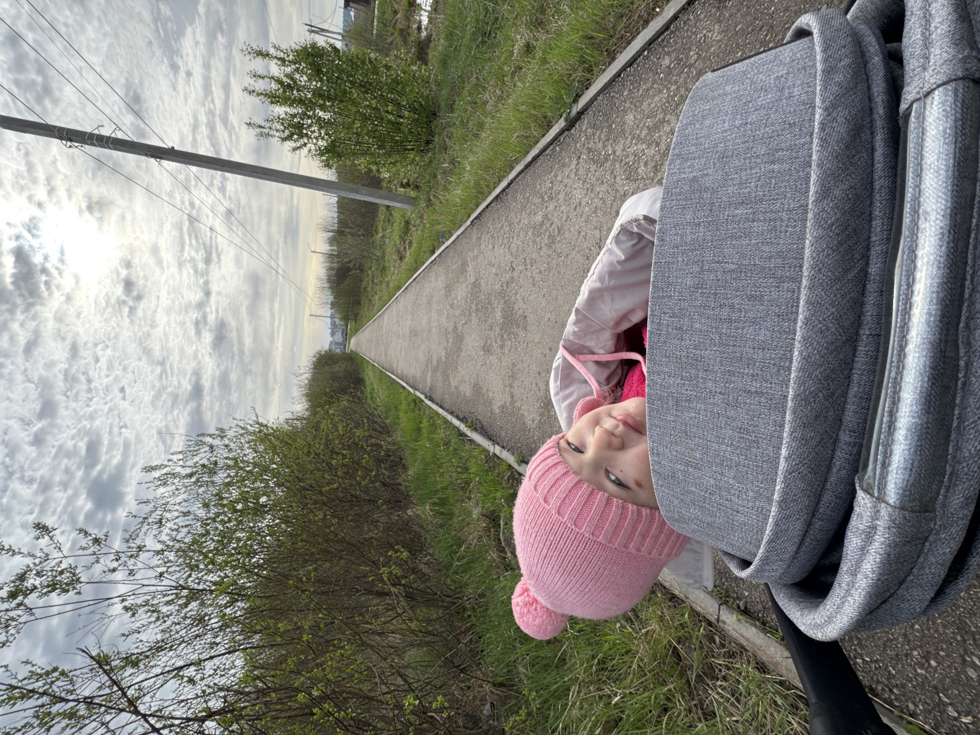 A child wearing a pink knit hat with a pom-pom is partially visible in a stroller with a gray fabric covering. The stroller is on a paved path in Ферма, Russia. The path is bordered by grass and trees on both sides. In the background, there is a utility pole with wires stretching across the sky. The sky is overcast with cloudy conditions.