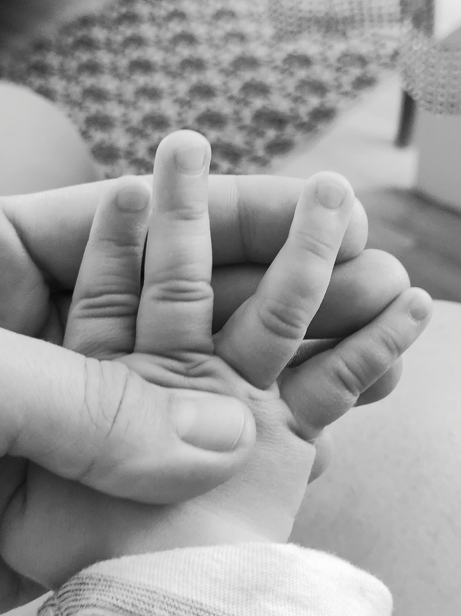A close-up, black and white photograph shows a large hand holding a smaller baby's hand. The adult hand is on top, partially encircling the baby's hand. The baby's fingers are straight and visible. The lower part of the baby's arm is visible, clad in a light-colored fabric. The background is blurred and out of focus, showing a patterned surface. There is no indication of the location being in Фоки, Russia.
