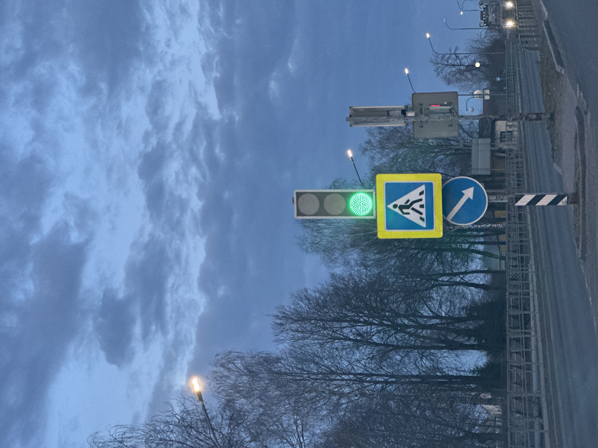 This image captures a street scene in Liozna, Belarus, during dusk or early night, characterized by a dark blue, heavily clouded sky. The environment is an urban road, likely a bridge or elevated section, indicated by the metal railing spanning the midground.

In the center-left, a vertical pedestrian traffic light displays a green signal at its lowest position, indicating permission to cross. Below it, a square blue sign with a yellow border depicts a white pedestrian figure, identifying a pedestrian crossing. Directly beneath this, a circular blue sign with a white arrow points diagonally downwards to the right, likely indicating the direction of the crossing or path. These signs are mounted on a black and white striped pole.

To the left, several bare deciduous trees with thin branches stand against the dark sky, suggesting a winter or late autumn season. An illuminated streetlight with an orange glow is visible in the upper left, contributing to the ambient light. More streetlights are visible further down the road on the right, also casting warm light.

The asphalt road is visible in the foreground, extending into the distance. On the far right, a large vehicle, possibly a truck, with illuminated headlights, is observed moving away from the viewer. In the background, behind the railing and trees, indistinct buildings are partially visible. Another utility or traffic control pole with some attached equipment, including a small red light or reflector, stands to the right of the primary traffic signs. No individuals are present or discernible in the scene. The exact street or intersection within Liozna is not discernible from the image content.