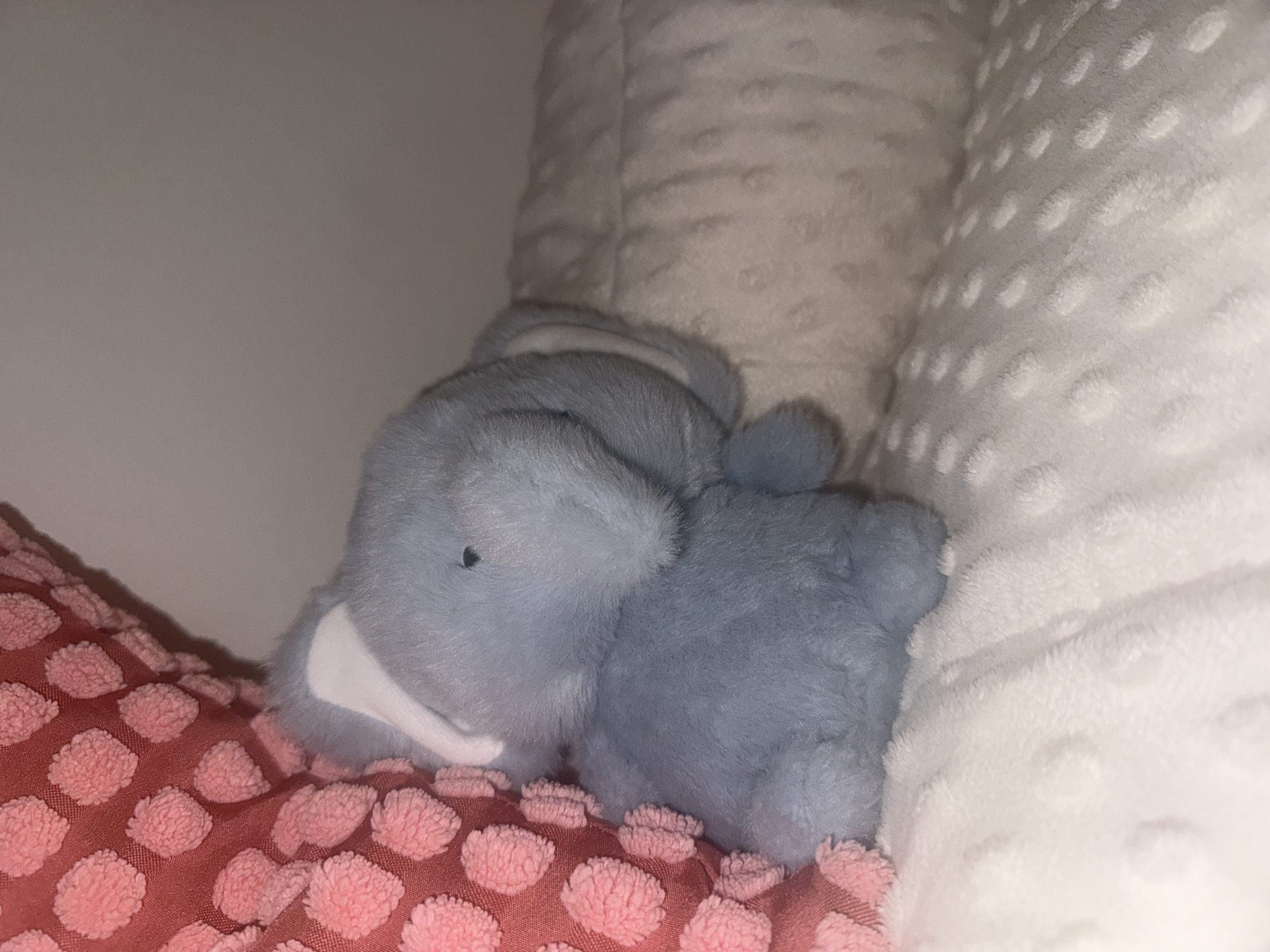 A stuffed, gray elephant with white tusks rests on a pink, textured pillow. It leans against a vertically-oriented, white pillow with a dotted pattern. The background appears to be a plain, light-colored wall. There are no indications that place the scene in Milan, Italy.