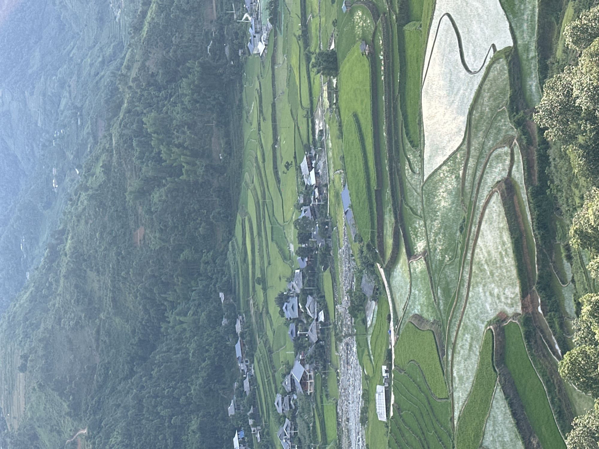 This high-angle, panoramic photograph captures a verdant valley in Tú Lệ, Vietnam, characterized by extensive terraced rice fields nestled between heavily forested mountains. The scene is dominated by shades of green, with the distant mountains exhibiting dense, dark green foliage under a pale, hazy sky.
In the midground, clusters of residential buildings with dark, sloped roofs are visible, interspersed among the rice paddies. One prominent village is situated alongside a wide, rocky riverbed with light-colored stones, which appears mostly dry or with minimal water flow. Narrow dirt paths or unpaved roads wind through the settlements and across the landscape.
The valley floor features numerous rice terraces arranged in irregular, curvilinear patterns. Many terraces are filled with bright green, young rice plants, while others are submerged under water, reflecting the bright sky and appearing as shimmering, light-toned pools. The terraces are delineated by earthen walls, creating distinct contours across the terrain. Towards the foreground and bottom of the image, the terraces become more pronounced, with large flooded sections prominently reflecting light. Sparse individual trees and small groves are scattered throughout the valley, complementing the agricultural landscape. No individuals are visible within the frame.
