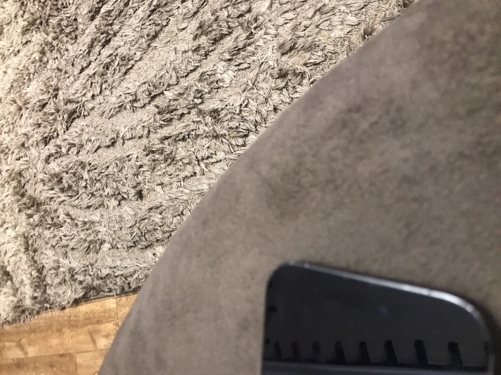 The image shows a close-up view of a scene involving a shag rug, a gray upholstered surface (likely a piece of furniture), and a glimpse of a wooden floor. A portion of what appears to be a dark-colored electronic device is visible in the lower right corner. The textures of the rug and upholstery are prominent. The location is unknown and cannot be determined from the provided image.