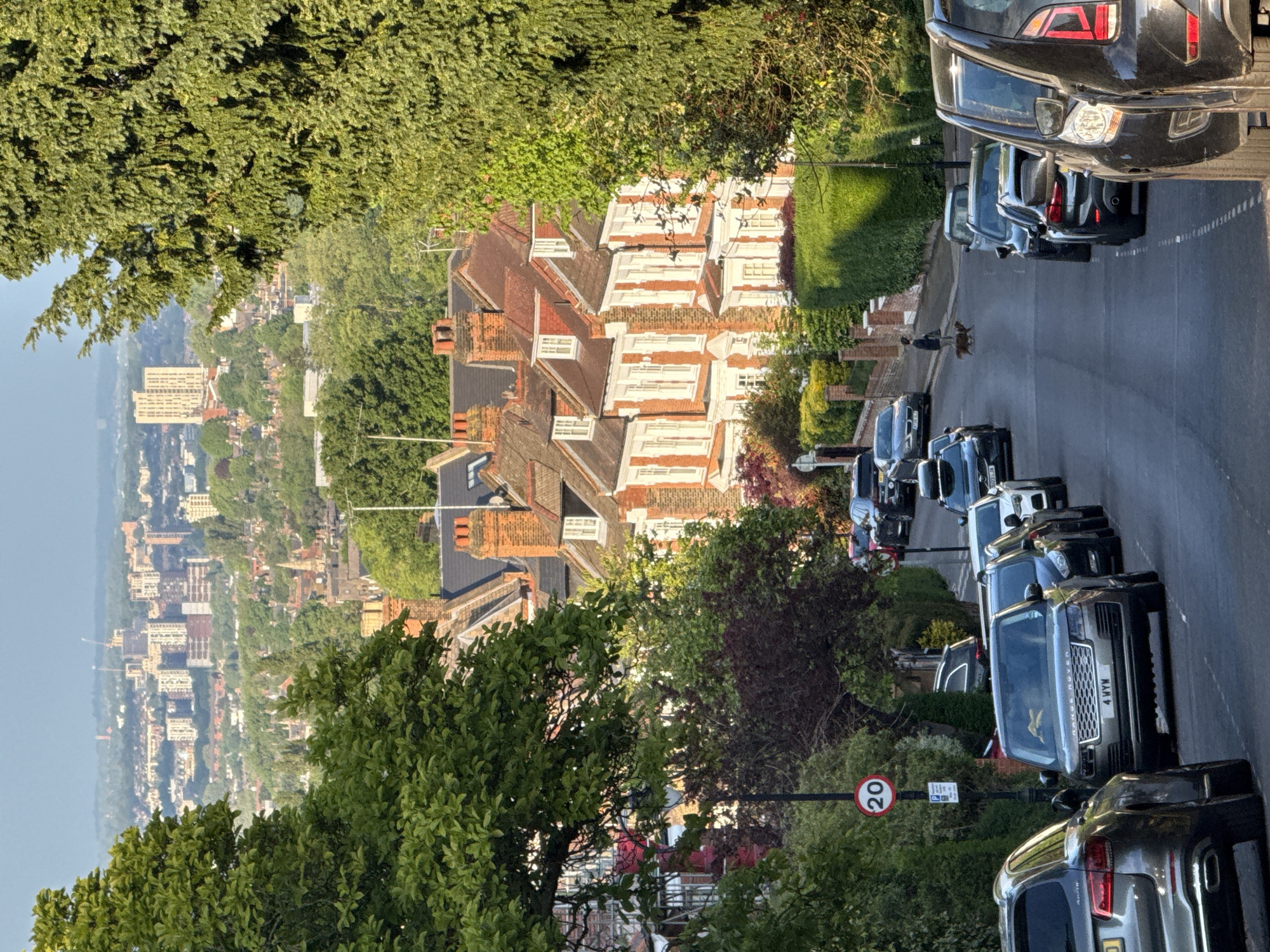 The image depicts a street scene in a residential area of London, United Kingdom, taken from an elevated position looking downhill. The street is lined with parked cars and terraced houses with red-tiled roofs and white dormer windows. Green trees and bushes frame the sides of the street, partially obscuring the houses.
In the distance, a panoramic view of the city is visible with numerous buildings and structures. The road has a 20 mph speed limit sign.
The general environment suggests a suburban or semi-urban area with a mix of residential and natural elements. The photograph appears to have been taken during daytime under bright sunlight.