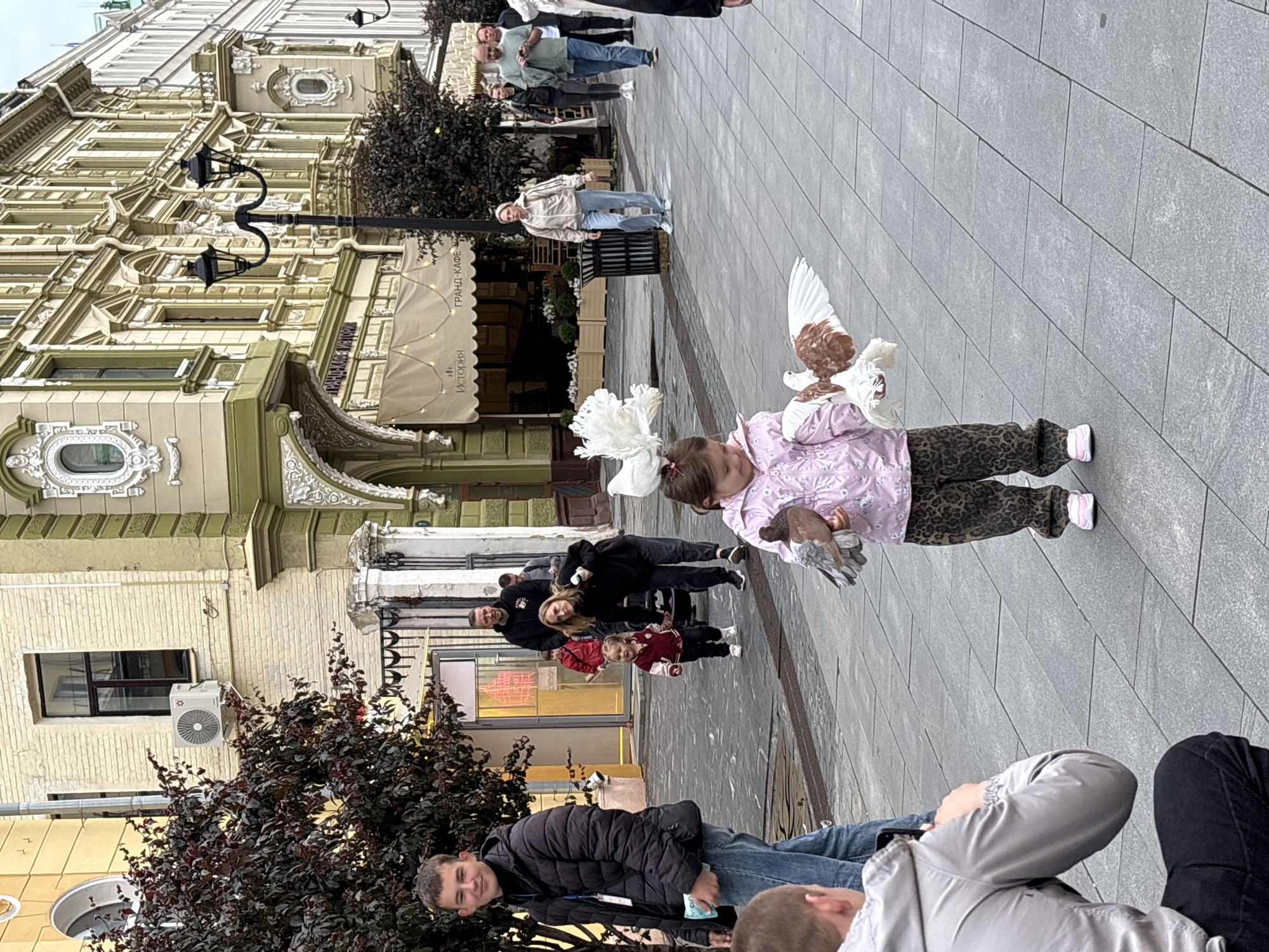 The image depicts a street scene in Nizhny Novgorod, Russia, likely on Bolshaya Pokrovskaya Street, a well-known pedestrian thoroughfare. In the foreground, a young girl in a pink jacket and leopard-print pants is holding two doves. One dove, primarily white, is perched on her hands, while another, a white and brown fantail pigeon, is held in her right hand, its wings slightly spread. Behind her, a woman and a man are walking, with the man appearing to push a stroller or pram. Further back, other pedestrians are visible walking along the street. The architecture suggests a historical city center, with ornate building facades lining the street. An air conditioning unit is visible on the side of a building on the left, and a lamppost with two lanterns stands in the middle ground. The ground is paved with grey square tiles.