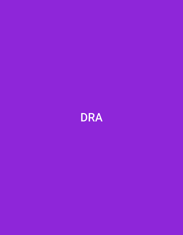 The image is a digital graphic consisting of a solid, uniform purple background. Centrally positioned against this background is the white, uppercase sans-serif text "DRA". The text is horizontally and vertically aligned in the middle of the frame. There are no other discernible subjects, objects, people, actions, or environmental details present. The image does not depict a specific physical location, including the city of Casablanca, Morocco.