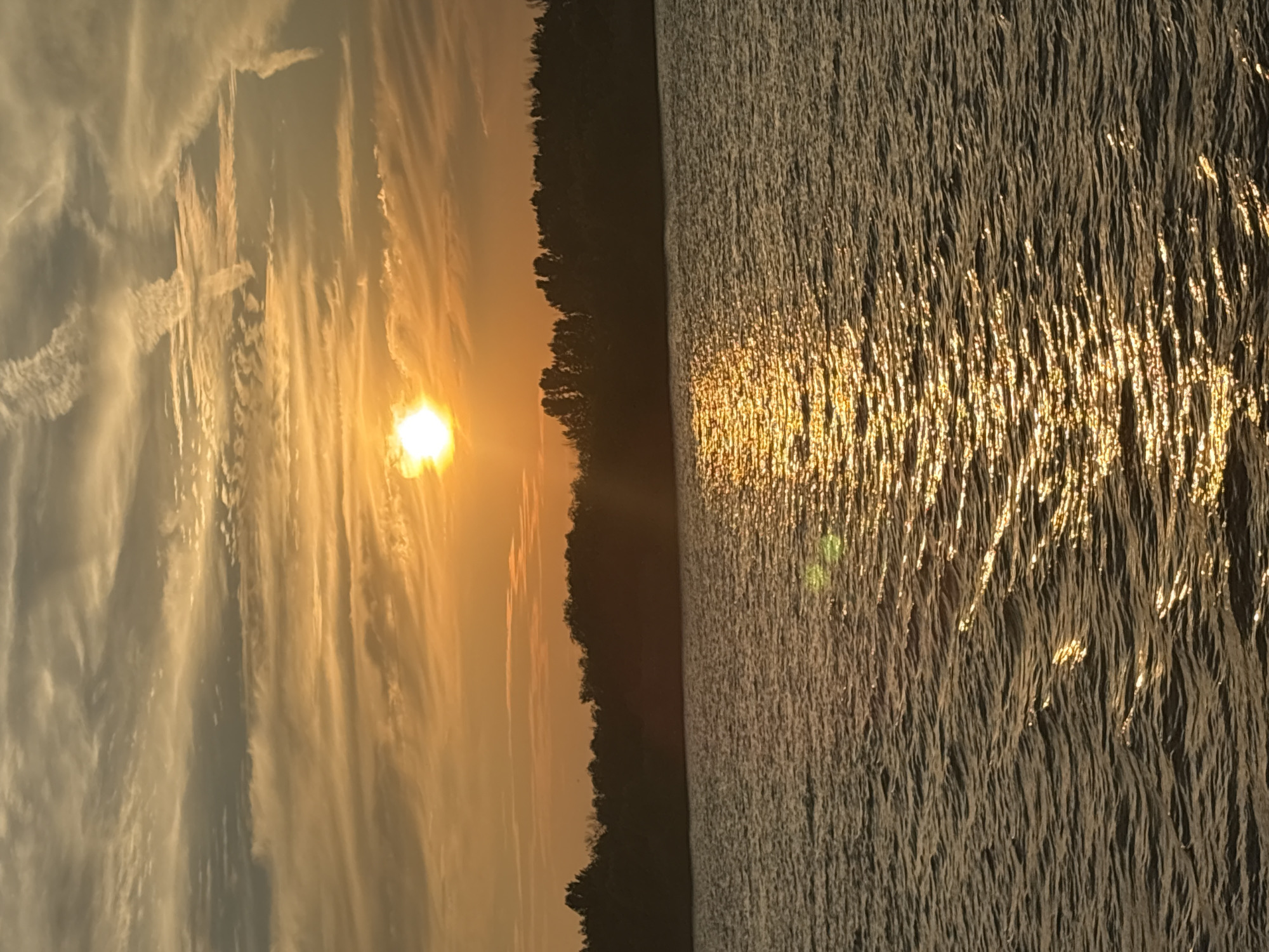 The image depicts a sunset over a body of water, likely the Volga River in Astrakhan, Russia. The sun, a bright orb of yellow, is positioned in the upper center of the frame, casting a golden glow across the sky and reflecting brilliantly on the rippling water. Wispy clouds stretch across the horizon, tinged with orange and yellow hues. A dark, silhouetted line of trees forms the distant shoreline. The water itself is a deep brown, with the sun's reflection creating a shimmering pathway of light. There are no people or any man-made structures visible in the scene. The overall atmosphere is serene and natural.