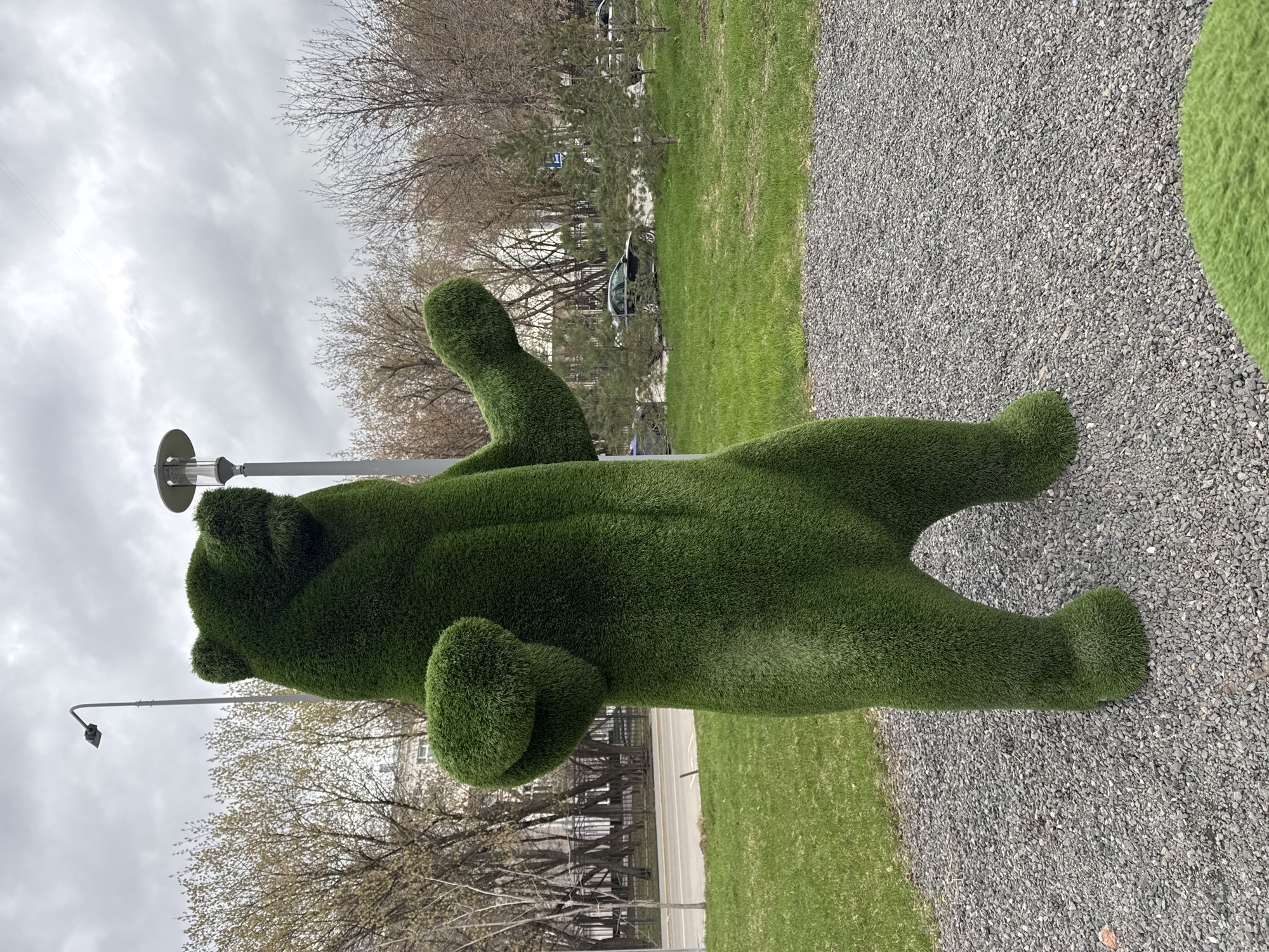 The image depicts a large topiary in the shape of a bear lying on its back. The bear figure is made of green grass or a similar material. It is located on a patch of grass next to a gravel path. In the background, there are trees with bare branches and a gray, cloudy sky. A streetlight is positioned near the bear. The location appears to be a park or public area.