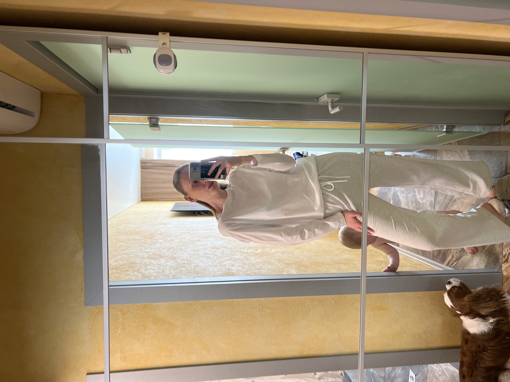 A person stands in front of a mirrored closet in a room with yellow walls, taking a selfie with their phone. The reflection shows a baby crawling on the floor and a dog looking upwards. The room also contains an air conditioner and a recessed lighting fixture. This scene is likely inside a residence. There is no verifiable evidence linking the image to the city of Khimki, Russia.