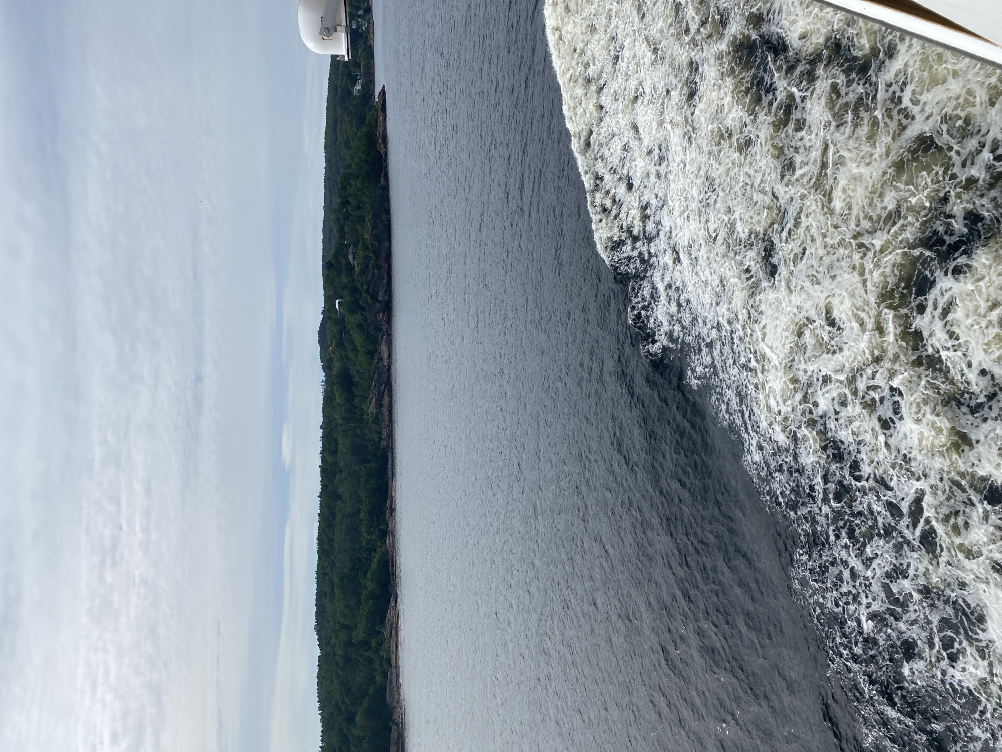 The image captures a view from a boat sailing in the waters off the coast of Larvik, Norway. The dark, choppy water, disturbed by the boat's wake, dominates the foreground. The wake is a frothy white, swirling and churning as it recedes. In the middle ground, a rocky shoreline lined with dense, green coniferous trees stretches across the frame. A few scattered houses are visible amongst the trees, suggesting a sparsely populated coastal area. The background is filled with a pale, cloudy sky, with wisps of white clouds creating a textured pattern. A white dome-shaped object, possibly part of the boat's superstructure, is visible in the upper right corner. The overall scene depicts a natural, serene coastal landscape under an overcast sky.