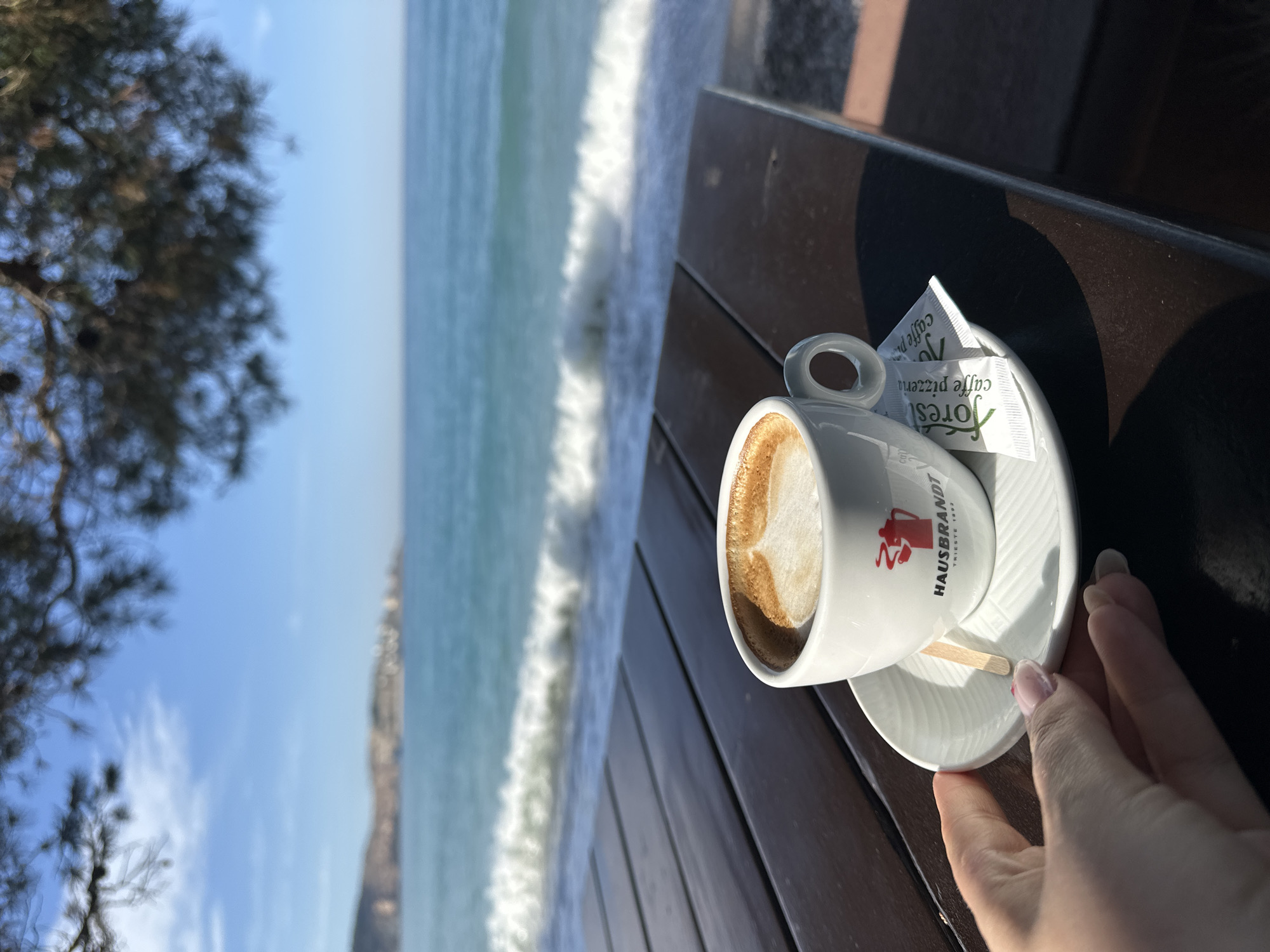 A person's hand, with neatly manicured nails, gently supports a white ceramic saucer holding a matching coffee cup, which rests on a dark brown wooden slatted table. The cup contains a beverage topped with golden-brown crema, indicative of coffee. The side of the cup features the brand name "HAUSBRANDT" in red lettering, with "TRIESTE 1892" underneath, and a red stylized coffee pot logo. On the saucer, a small wooden stir stick and two white packets are visible; one clearly reads "FOREST caffè pizzeria" and "zucchero" (Italian for sugar), while the other is partially obscured but similar.
Beyond the table, the turquoise-blue sea dominates the background, with white-crested waves breaking towards the shore. The bright daylight creates clear shadows on the table, suggesting it is daytime, possibly morning or early afternoon. The sky above the sea is a clear light blue with a few wispy clouds. In the far distance on the right, a blurred outline of a distant coastline or landmass with buildings can be seen. On the left side of the frame, blurred dark green foliage from a tree provides a natural element.
The scene captures a peaceful moment of enjoying coffee outdoors, likely at a coastal café or balcony, overlooking the sea. The bright, clear weather and the scenic view contribute to a tranquil atmosphere. The visible text "HAUSBRANDT TRIESTE" on the cup, combined with the coastal setting and the given location of Šušanj, Montenegro, suggests a Mediterranean or Adriatic European context.