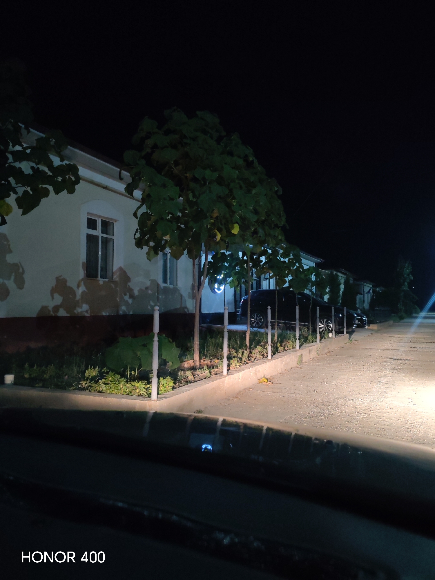 The image depicts a nighttime street scene in Yangiaul, Uzbekistan. In the foreground, the lower portion of a vehicle's interior is visible, with a dark dashboard and a reflected blue light. Beyond this, a gravel road stretches into the distance, illuminated by bright headlights from an unseen source. Along the left side of the road, a row of houses with white walls and dark roofs is visible. A well-maintained garden area with small trees and manicured bushes runs along the front of the houses, separated from the road by a low concrete curb and white posts. Several dark-colored cars are parked along the street in front of the houses. The overall atmosphere is calm and quiet, typical of a residential area at night. The presence of streetlights and house lights suggests that this is a developed urban or suburban area within Yangiaul.