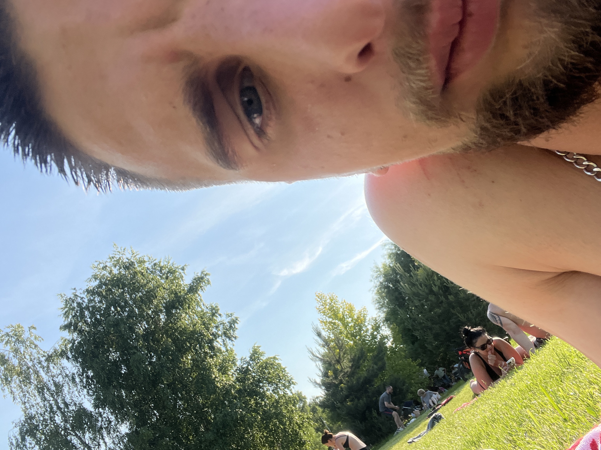 The image displays a close-up, first-person perspective of a man's face, occupying the right side and lower portion of the frame. His right eye, part of his nose, and mouth are visible, along with dark, short hair that appears spiky or wet, and a dark beard. A silver chain is visible around his neck/shoulder, and he appears shirtless. The intense sunlight highlights his skin, which shows some reflective sheen.
The man is positioned outdoors on a vibrant green, well-lit grassy area. In the midground, to the left and slightly further back, several individuals are present, relaxing or lounging on the grass. One woman is clearly visible on the left, wearing a dark top or swimsuit with her hair tied up, lying on her stomach and looking downwards. Another person in a dark top and shorts is seen bending over further into the background. Other indistinct figures are scattered on the grass, potentially on blankets or towels.
The background features a dense line of various green trees beneath a clear, light blue sky with sparse, wispy white clouds. The strong sunlight indicates daytime.
The image contains no discernible elements or metadata that identify the specific location as Kapustino, Russia, or any other city or country.