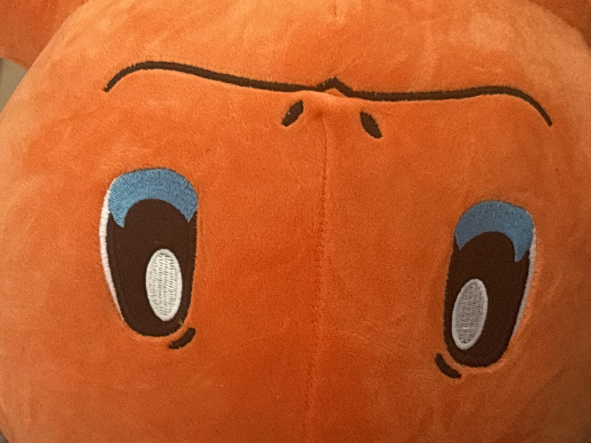 The image shows a close-up of the face of an orange plush toy. The toy has two large eyes with blue upper eyelids, black pupils and white highlights. Above the eyes is a horizontal black line that forms the eyebrows, and two small black ovals represent the nostrils. There are no people visible in the image. The location is not specified.