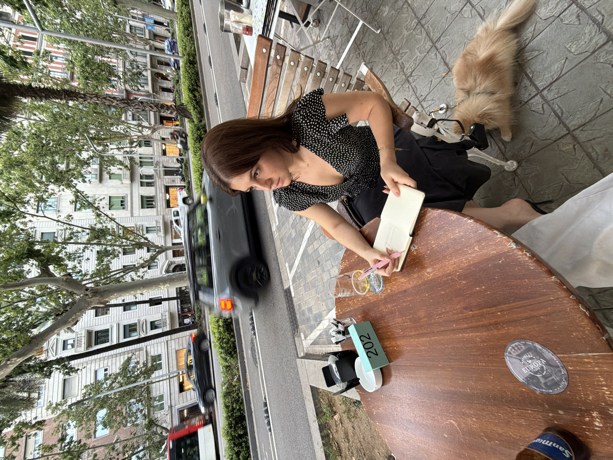 A young woman sits at a wooden table outside a cafe in Barcelona, Spain, writing in a notebook with a pink pen. She wears a black dress with white polka dots and a gold bracelet. A light brown cat with fluffy fur lies on the tiled ground next to her chair, leashed to a black bag. On the table, there is a glass of beer, a green number sign with "202" printed on it, an ashtray, and a coaster with the word "EUROPA" on it. In the background, traffic moves along a street lined with trees and buildings.