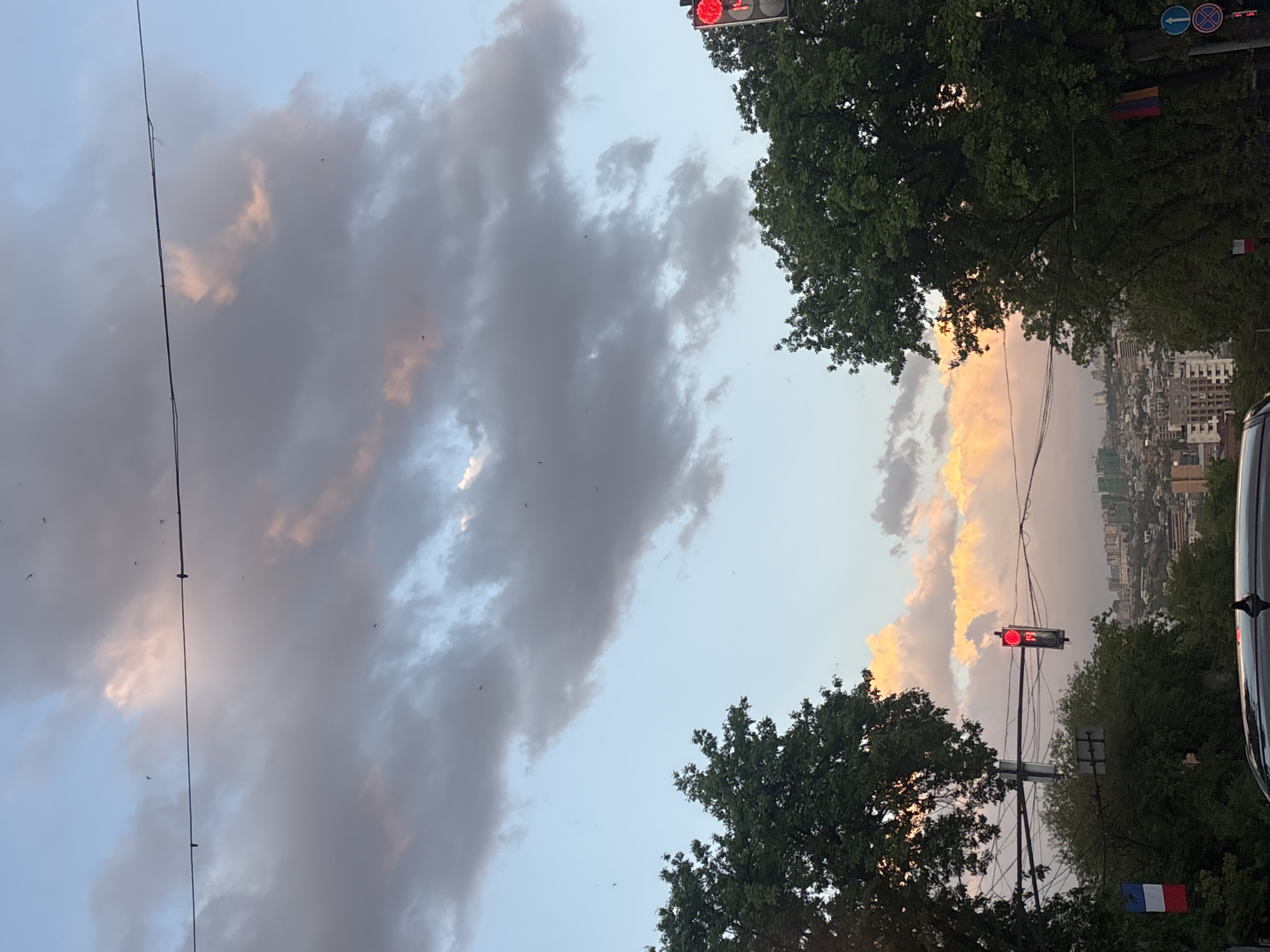 Captured from a low-angle perspective in Yerevan, Armenia, the scene presents a composition of urban elements under a sky dominated by dramatic clouds. Overhead, the sky is partially obscured by large, dark gray clouds on the left, contrasted with clouds tinged with soft pink and orange hues on the right, suggesting either sunrise or sunset.
A series of overhead power lines stretches across the sky. In the upper-right corner, a traffic light is visible, glowing red, adjacent to lush green foliage. The same configuration of traffic light and greenery is present in the lower-right corner, giving the impression of a street lined with trees.
In the distance, a cityscape is discernible with buildings of varying heights. The light and weather conditions suggest a tranquil moment, interrupted by the functional urban infrastructure. A flag of either France or Russia hangs from the trees in the bottom right corner.