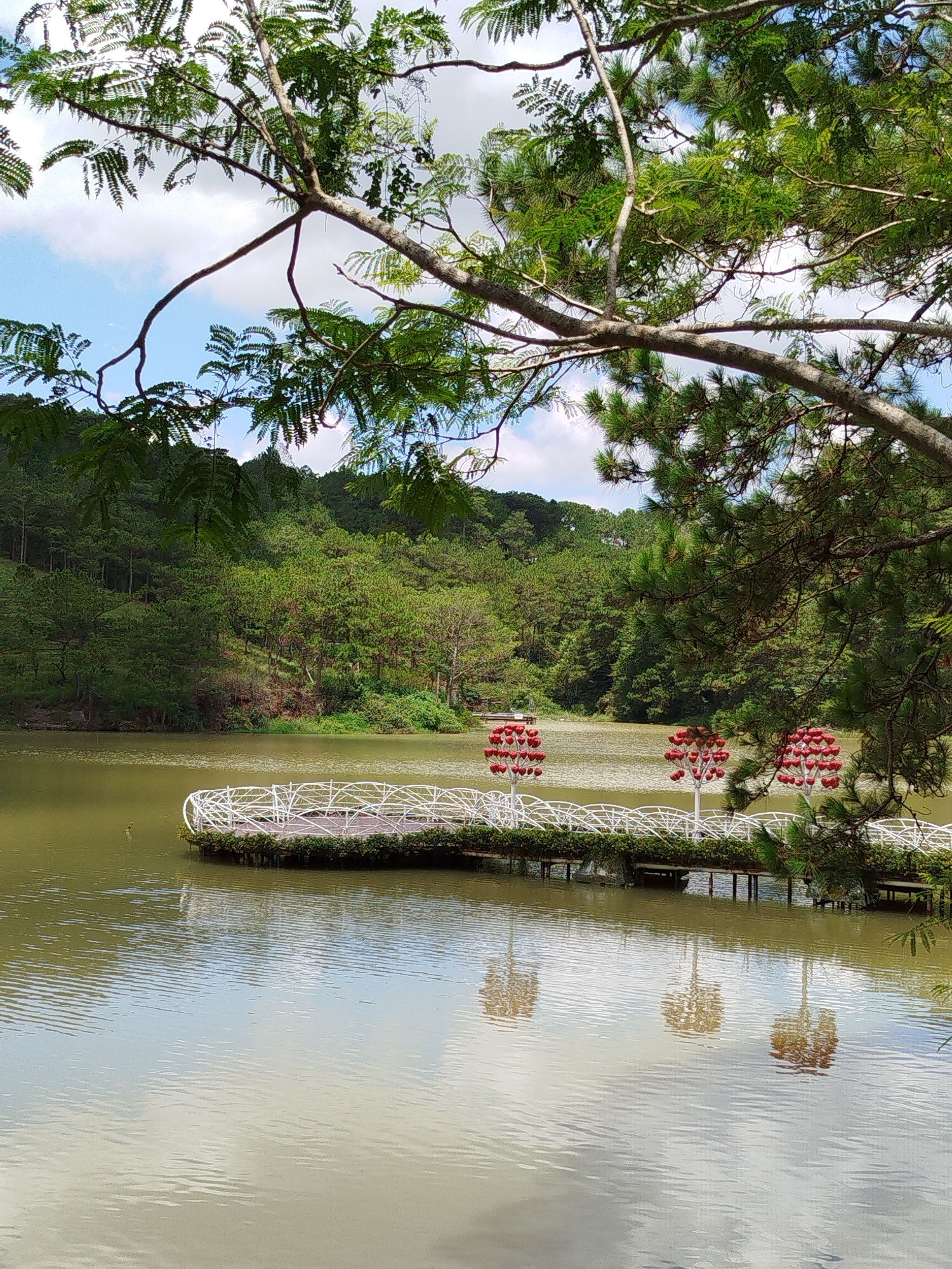 This image depicts a scenic view of a tranquil lake, likely located in Lâm Viên - Đà Lạt, Vietnam. The foreground is dominated by the calm, greenish waters of the lake, reflecting the sky and surrounding greenery. A white, intricately designed pier juts out into the water, adorned with lush green plants along its edges and at its base. On the pier, three decorative trees with red heart-shaped ornaments stand as focal points. The background features a dense forest of pine trees covering rolling hills, indicative of the mountainous terrain of Đà Lạt. Overhead, the branches of a leafy tree with green foliage frame the top of the image, with a glimpse of a partly cloudy blue sky visible through the leaves. The overall atmosphere is serene and picturesque, suggesting a peaceful natural setting.
