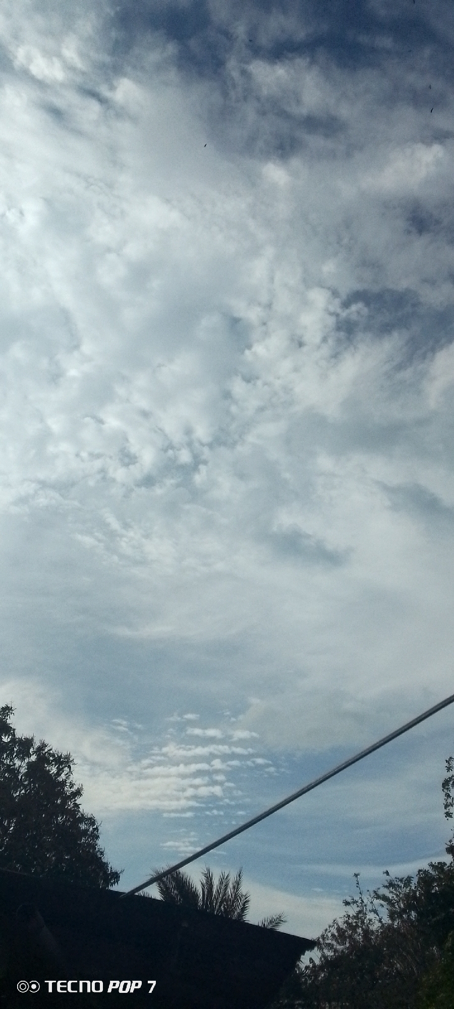 The image captures a daytime view of the sky, predominantly filled with various types of clouds. A power line stretches diagonally across the lower portion of the frame, partially obscuring the view of trees and foliage in the foreground. The bottom of the frame appears to show rooftops. The image was taken with a Tecno Pop 7, and a tiny dot representing a bird is visible in the upper part of the frame. The location is the city of Altagracia, Venezuela.