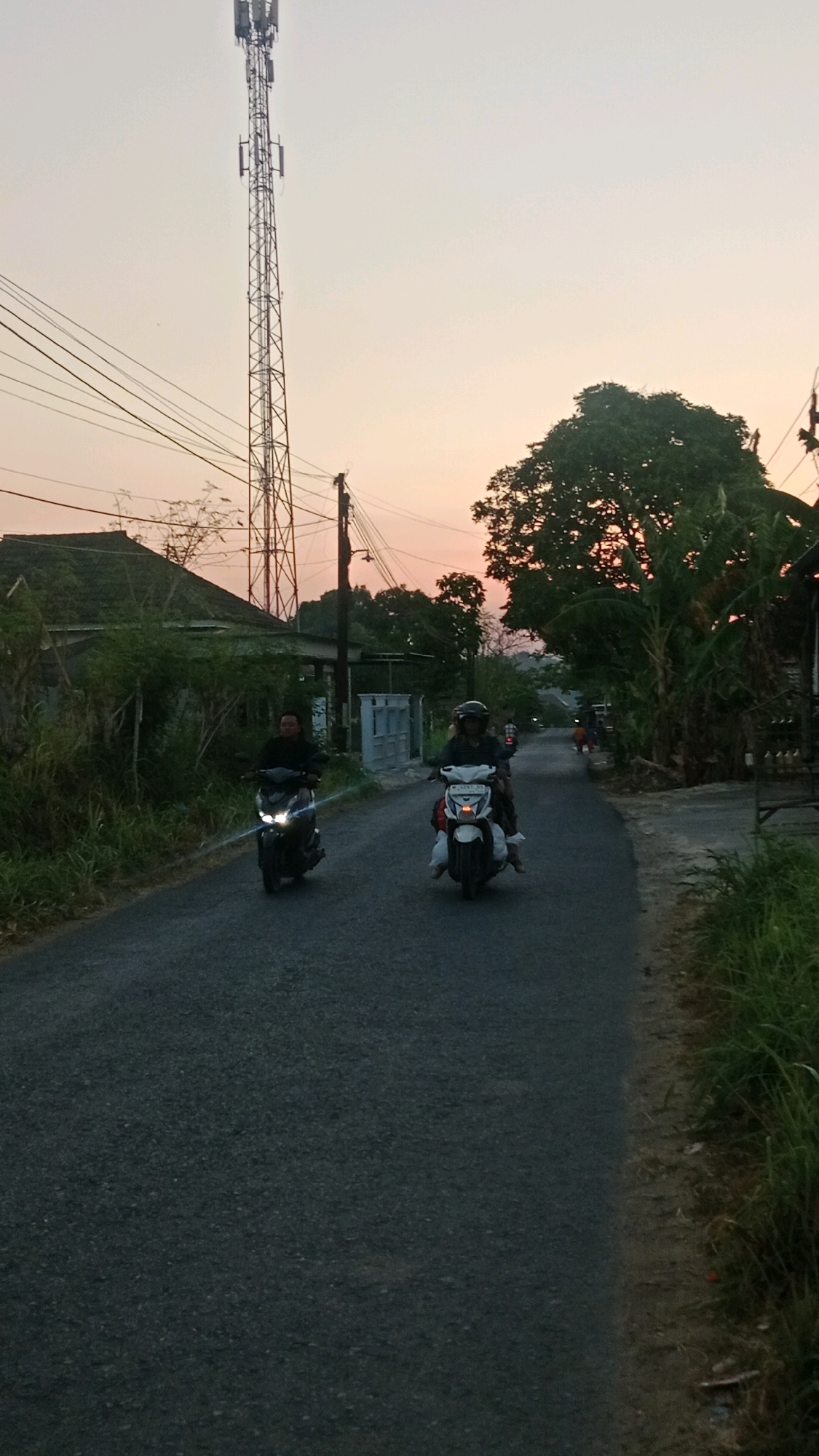 In Dempo Barat, Indonesia, a paved road stretches through a rural landscape at dusk. A tall, lattice-style telecommunications tower dominates the skyline on the left, silhouetted against a pale orange and pink gradient sky. Power lines run horizontally across the upper portion of the image, connected to poles. On the right side of the road, dense green foliage and trees, including a large leafy tree, obscure the view of any buildings.
Two individuals are riding motorcycles down the road, heading towards the viewer. The person on the left is riding a dark-colored motorcycle, their face obscured by shadow. The person on the right is riding a white motorcycle, wearing a helmet and dark clothing, with their right hand on the handlebars. Both motorcycles have their headlights on, casting beams onto the asphalt. The road is bordered by grassy verges and a dirt shoulder on the right. In the distance, more houses and trees are visible, along with another telecommunications tower.