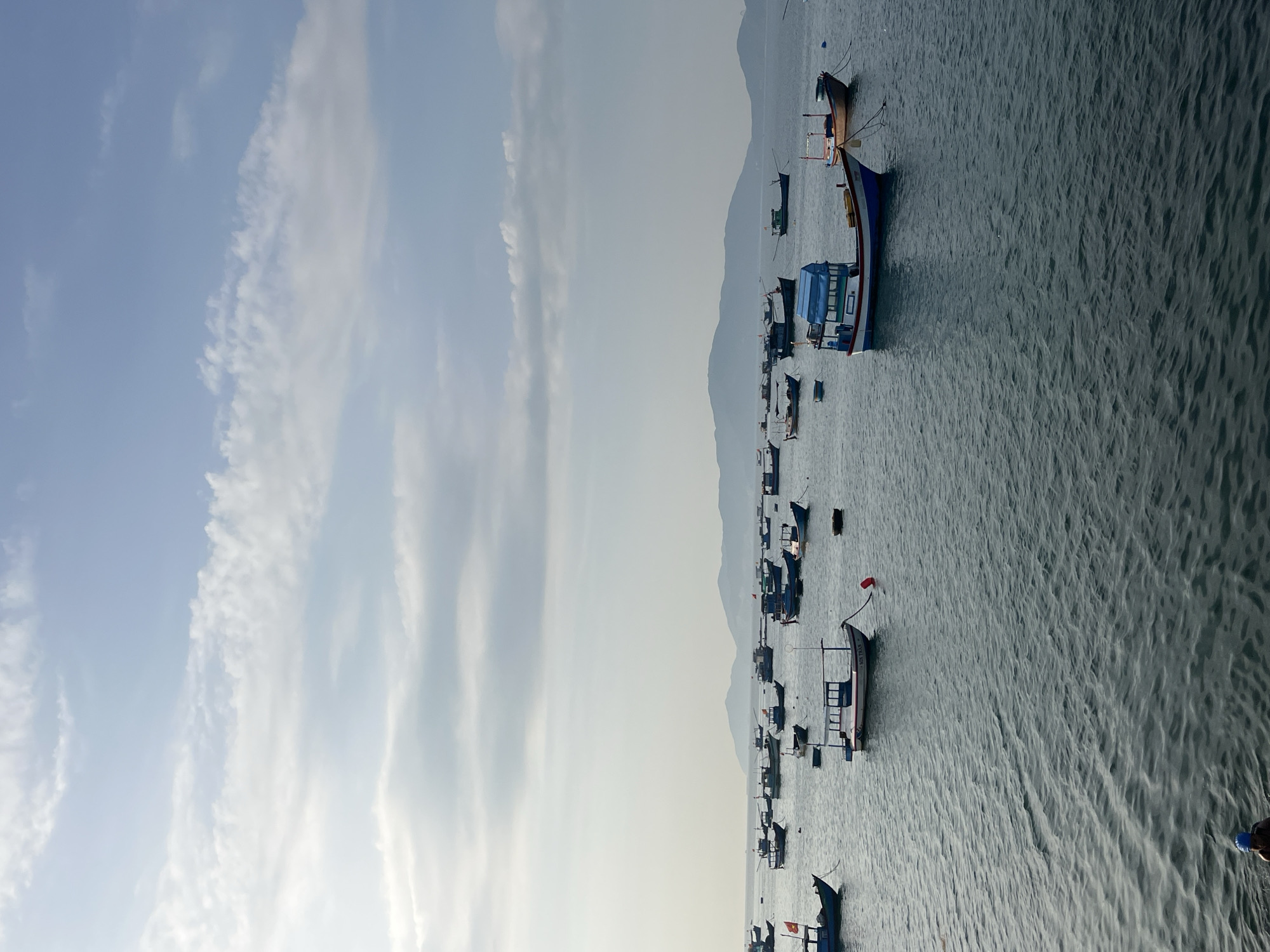 The image depicts a harbor in Bac Nha Trang Ward, Vietnam. Numerous fishing boats dot the calm, light-grey water. The boats are a mix of sizes and colors, with some showing blue and white paint schemes. A distant mountain range is visible in the background under a light-grey sky with cloud formations. The image is oriented vertically.