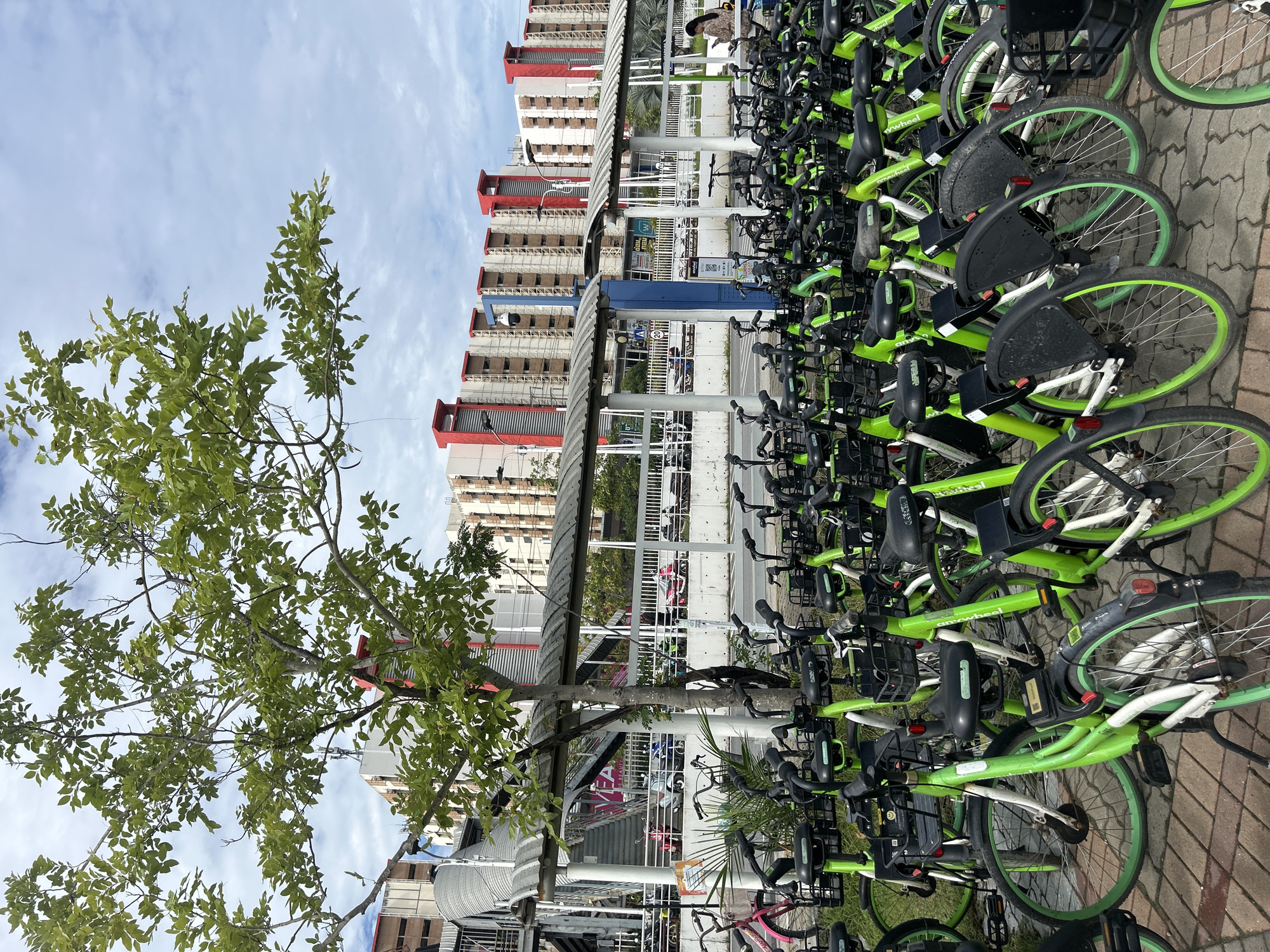 In Tha Khlong Town Municipality, Thailand, a large cluster of bright green shared bicycles with black baskets and seats are parked on a brick-paved lot. The bicycles are arranged in neat rows, with some in the foreground and others extending into the background. Behind the bicycles, a covered walkway with stairs leads up to an elevated walkway. Beyond that, several multi-story buildings with white and red facades are visible under a cloudy sky. A young woman with dark hair is seated on a bench under the walkway, looking at her phone. A camera is mounted on a pole near the walkway.