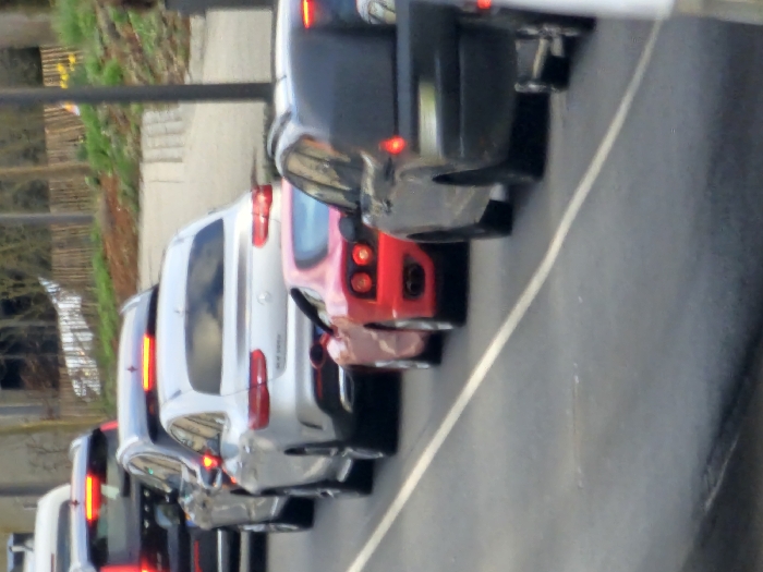 The image displays a queue of vehicles on a paved road in Schifflange, Luxembourg, viewed from a slightly elevated position behind the rearmost visible car. The vehicles are stationary or moving slowly, indicated by multiple illuminated brake lights.
From the foreground right, a portion of a dark-colored SUV is visible, followed directly by a red Ferrari 360 Modena sports car, identifiable by its distinct quad round taillights. Behind the Ferrari is a silver Mercedes-Benz GLE Coupe, bearing "AMG Line" text on its rear bumper and "GLE Coupe" badging on the trunk, with its brake lights illuminated. Further back in the queue, a dark-colored SUV is visible, followed by a dark-colored Volvo SUV, both with illuminated center high-mount stop lamps.
The road surface is dark asphalt, marked by a solid white line defining the right edge of the lane. To the right of the road, a raised curb borders an earthen embankment with sparse deciduous trees, light green vegetation, and small clusters of yellow flowers. A wooden fence runs along the top of the embankment in the background, and a grey street light pole stands on the right side of the scene. No individuals are explicitly visible.