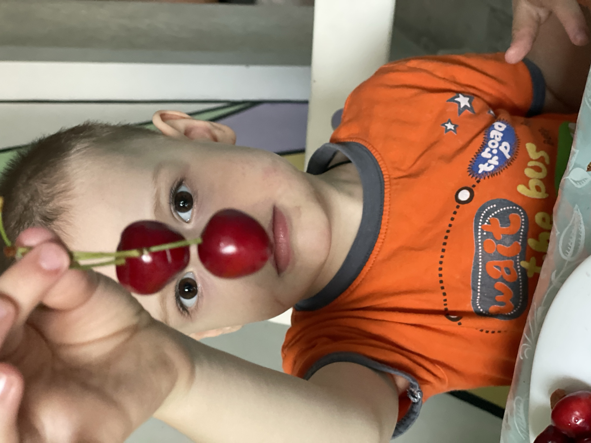 The image captures a close-up, playfully candid moment with a young child. The child, likely a toddler, has fair skin, light brown hair, and wide, dark eyes, and is looking directly at the camera. An adult's hand holds a stem with two bright red cherries, positioning them against the child's nose, creating a humorous, clown-like effect. The child's expression is neutral to curious, engaged with the playful interaction.
The child is wearing an orange short-sleeved t-shirt with grey trim around the collar and sleeves. The shirt features a graphic design depicting elements of a road or bus, with white stars and dotted lines. Visible text on the shirt includes "tr.road" (partially obscured) and "bus" on a blue-grey oval patch, and "MaGiC" on another grey patch.
The setting appears to be indoors, possibly at a dining table, indicated by a light blue and white patterned placemat or table covering visible on the right side of the frame. A white plate or bowl is also visible, containing additional red cherries. The background consists of light-colored walls or furniture, suggesting a domestic environment. The lighting is bright and natural, indicating it is daytime.