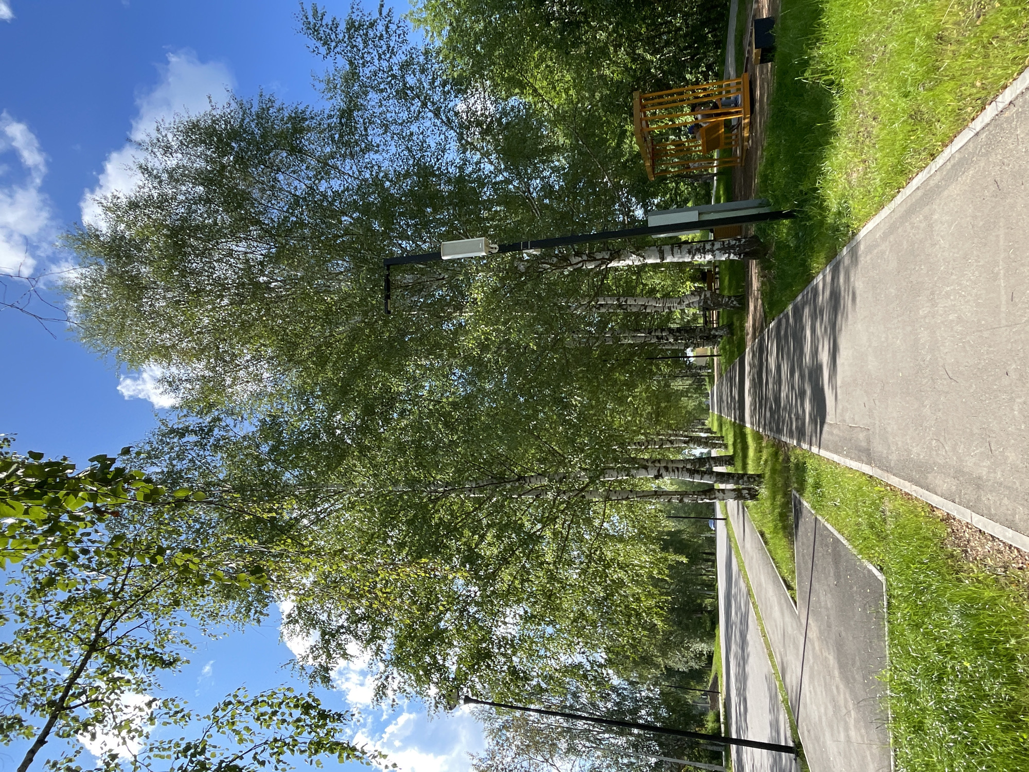 The image depicts a pathway in a park or recreational area, likely in Kirovo-Chepetsk, Russia, given the context. The pathway is paved with asphalt and bordered by manicured grass. On the right side of the pathway, a row of birch trees with white trunks and green foliage forms a natural canopy. A lamppost with a white antenna-like device is visible on the right side, casting shadows on the path. Further to the right, a bright yellow wooden structure, possibly a swing set or play equipment, is present. The sky above is a vibrant blue with scattered white clouds. On the left side of the pathway, there is a road with a single blue car visible in the distance. The overall scene suggests a sunny day in a well-maintained outdoor public space.