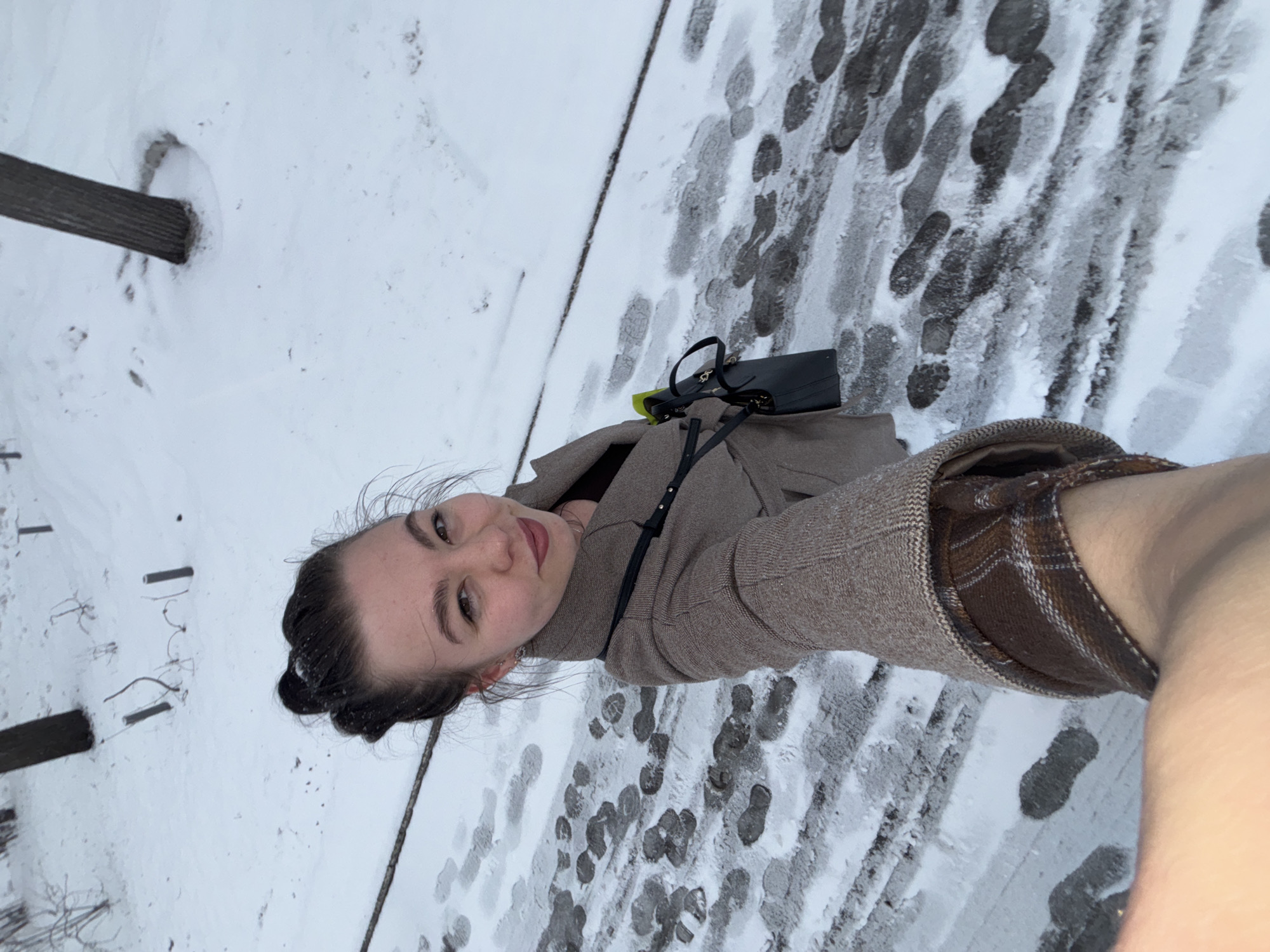 A woman is taking a selfie in a snowy environment. She has dark hair pulled back in a bun and is wearing a brown coat with a plaid sleeve lining. She is carrying a black purse with a bright green tag. The ground is covered in snow with numerous footprints. Tree trunks can be seen in the background, suggesting a park or wooded area. It is not possible to determine the exact location within Perm, Russia from the image.