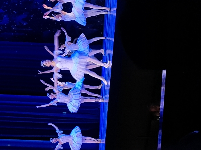 The image features a group of ballerinas on a stage, dressed in light blue tutus and headpieces. They are posed with arms extended, possibly during a performance of Swan Lake. The lighting is dramatic, with blue tones highlighting the dancers and their costumes. The background includes blue curtains and a dark, reflective surface, creating a mirrored effect that adds depth to the scene. The overall impression is one of elegance, grace, and artistry.