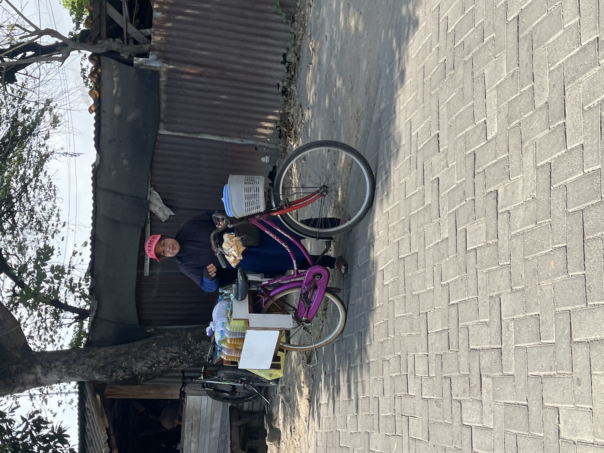 In Sidorukun, Indonesia, a woman wearing a red cap and a dark blue long-sleeved shirt stands next to a purple bicycle. The bicycle has a white box attached to the rear, filled with bottles of yellow liquid. A white basket is mounted on the handlebars, containing a bag of bread. The woman is holding onto the handlebars, and her left hand is resting on the bicycle. Behind her, a corrugated metal fence and a wooden structure are visible. The ground is paved with interlocking bricks.