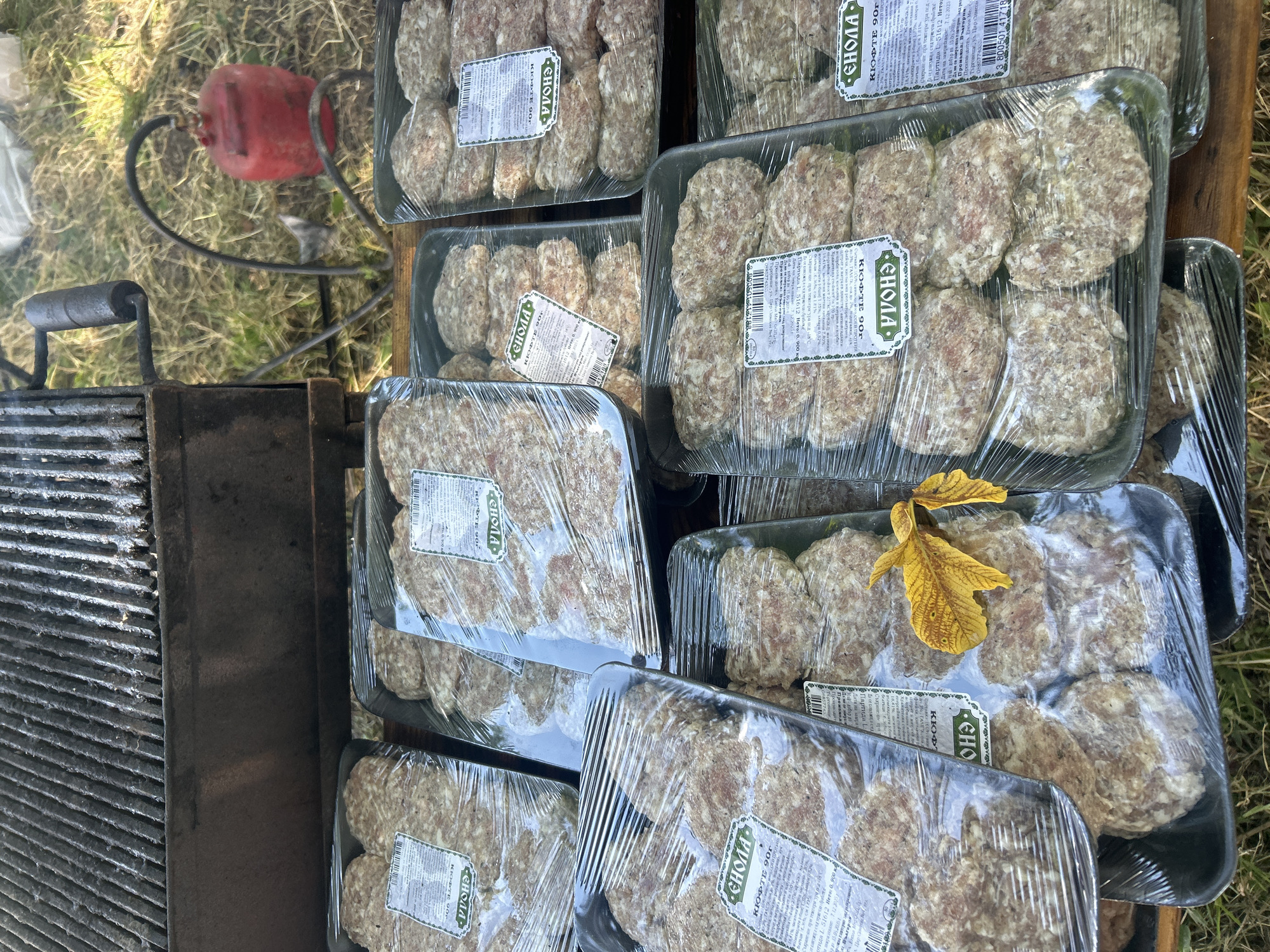 This media file captures an outdoor scene, likely in Lovets, Bulgaria, with a focus on pre-packaged meat products. The subjects are multiple trays of raw, oval-shaped meat patties, possibly kofta or meatballs, each wrapped in clear plastic. These trays are stacked on what appears to be a wooden surface or table.
In the foreground, the grates of a barbecue grill are visible, suggesting the setting is prepared for or has recently been used for cooking. To the left, a small, red, jerrycan-like object rests on the ground amidst dry grass. The overall scene has an earthy, rustic feel, with the natural texture of the grass and wood contrasting with the manufactured appearance of the food packaging.
The visible text on the labels of the meat trays is in Cyrillic script and indicates the product name "КЮФТЕ 90г" (Kyufté 90g), likely referring to the weight and type of meat patty. Other text includes production details like "Партида" (Batch), "Производител" (Manufacturer), and storage instructions. The presence of a yellow, fallen leaf on one of the trays adds a touch of natural detail, hinting at an autumn setting. The lighting suggests it is daytime, but the exact time is not discernible. The overall impression is one of preparation for a barbecue or an outdoor meal.