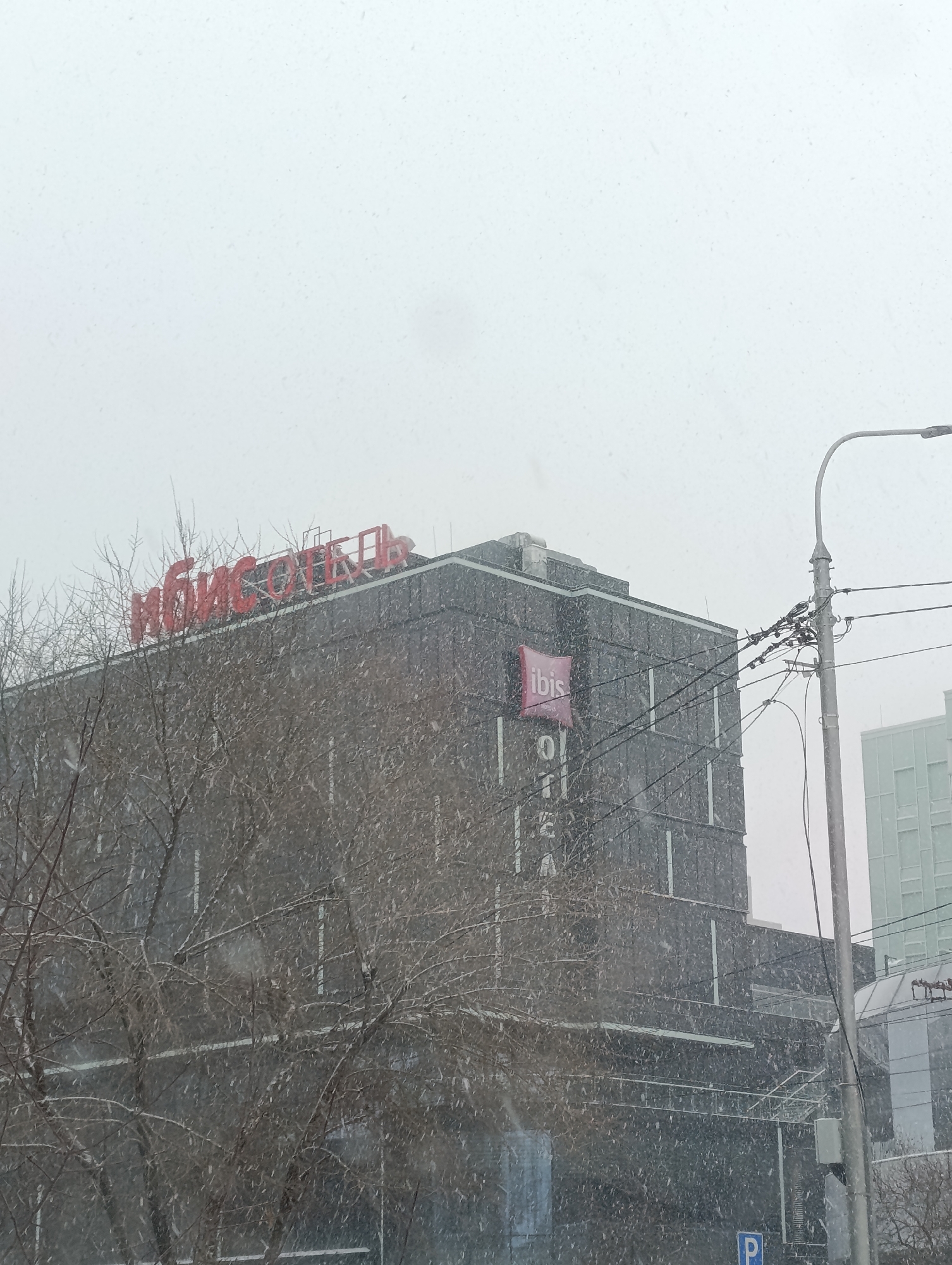 The image captures the Ibis Hotel in Krasnoyarsk, Russia, on a snowy day. The hotel is a multi-story building with a dark facade. A pink Ibis logo is prominently displayed on the side. The hotel's name in Cyrillic script is visible in red on the roof. Bare tree branches are in the foreground, partially obscuring the view. A street lamp and power lines are to the right of the hotel. A building is seen partially on the right side of the frame behind the hotel, and a parking sign can be seen in the bottom right corner of the frame. The sky is overcast and the snow is falling.