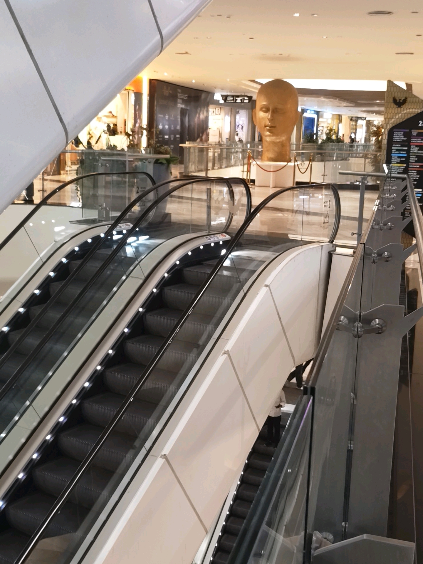 The image shows an indoor scene, likely a shopping mall, featuring multiple escalators. In the background, a large golden head sculpture is prominently displayed, which is a distinctive landmark within the location. The escalators are modern, with glass railings and integrated lighting. The flooring appears to be a light-colored polished material. In the mid-ground, there are various shops and displays visible through glass partitions. The lighting suggests it is daytime, and the overall ambiance is bright and commercial. The image is taken from a slightly elevated perspective, looking down on the escalators. The scene captures a busy, public space with elements of art and commerce. This scene is located in the city of Tathawade, India.