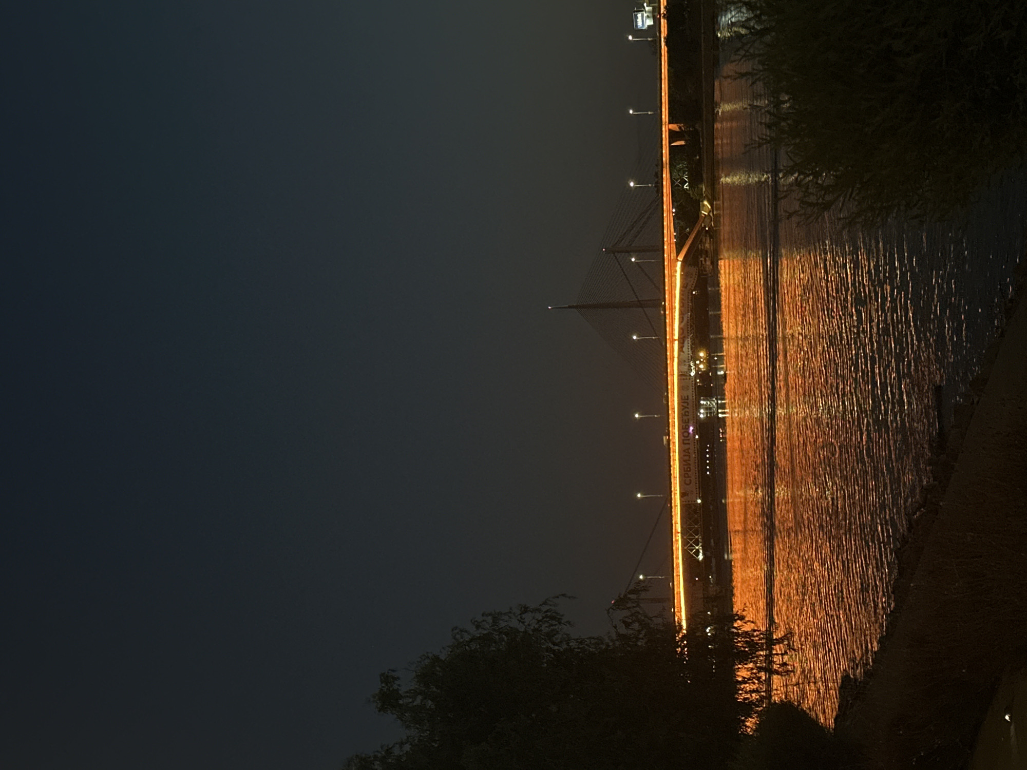 This is a nighttime photograph of the Ada Bridge in Belgrade, Serbia. The bridge is illuminated with bright orange lights, which are reflected in the dark, rippling water of the Sava River. On the left side of the frame, a dark silhouette of a tree with thin branches is visible. The sky above is a deep, dark blue. The bridge itself is a cable-stayed bridge, and its distinctive pylon is visible in the background. The water's surface shows movement with distinct ripples and reflections of the bridge lights. Some distant lights and structures can be observed on the far bank of the river. The overall scene is characterized by a stark contrast between the illuminated bridge and the dark, natural elements.
