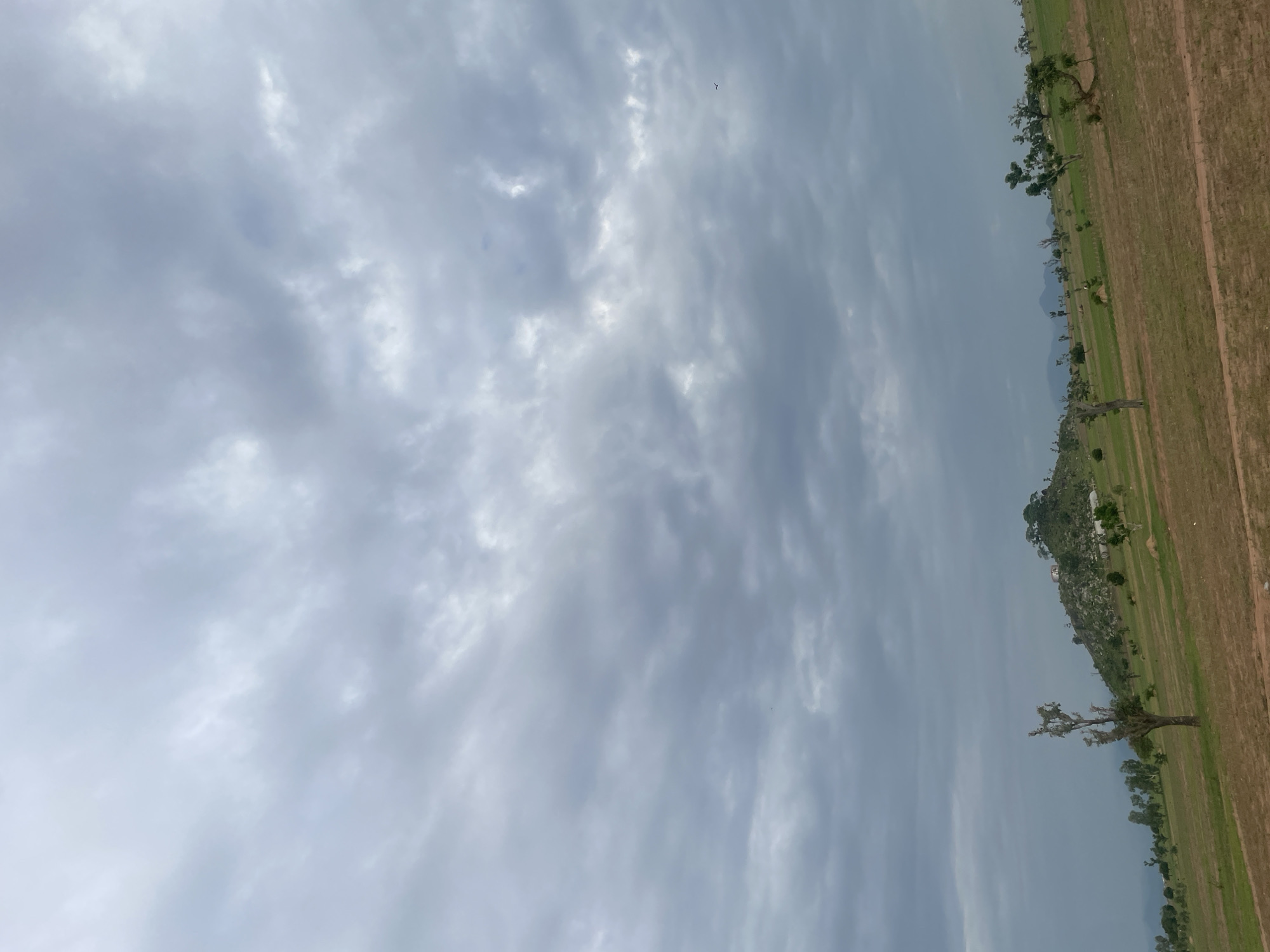 A wide shot captures a cloudy, overcast sky over a rural landscape in Jauro Yinu, Nigeria. The foreground is a grassy field with patches of dry earth. Scattered trees, some bare and others with foliage, dot the field. In the midground, the terrain rises, forming a rocky hill crowned with vegetation and a few structures, possibly buildings or water tanks. Further in the distance, more trees and undulating hills are visible. The overall scene is muted in color due to the cloudy weather, with shades of green, brown, and grey dominating the palette. There are no people or animals clearly visible in the image.