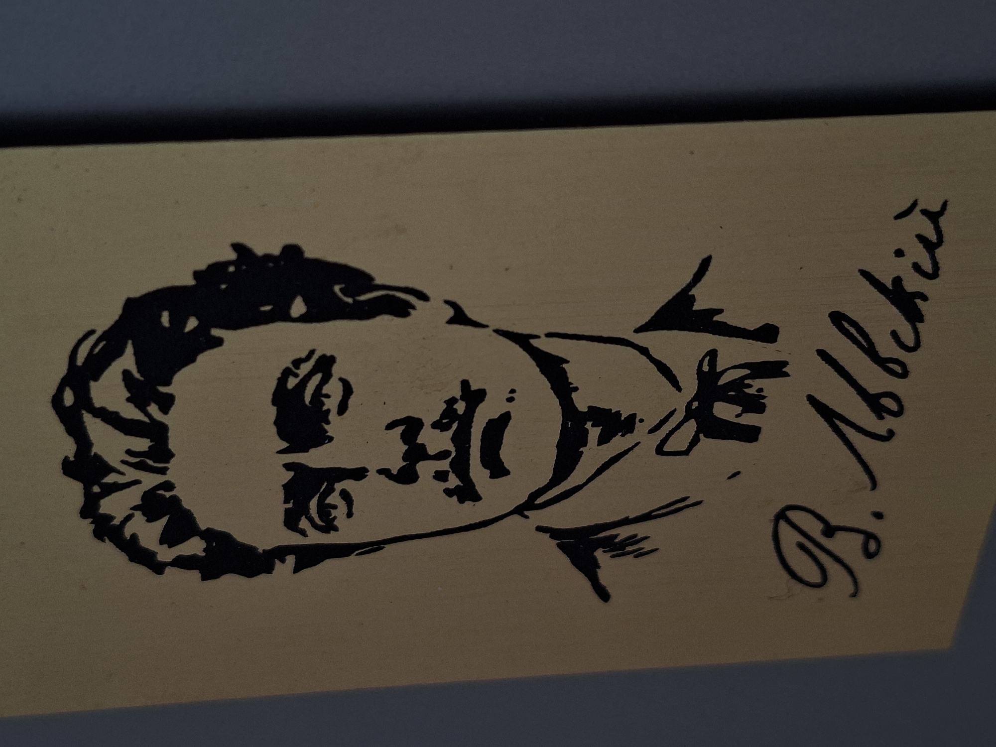 The image shows a stylized black ink drawing on a tan-colored surface. The drawing depicts a portrait of a man with dark, curly hair. He appears to be wearing a high-collared garment. To the right of the portrait is a signature in cursive, which appears to read "B. Albicis". The surface upon which the drawing is made seems to be mounted on a wall, with a portion of the wall visible in the background. The exact location within Galabovo, Bulgaria is not determinable from the image alone.