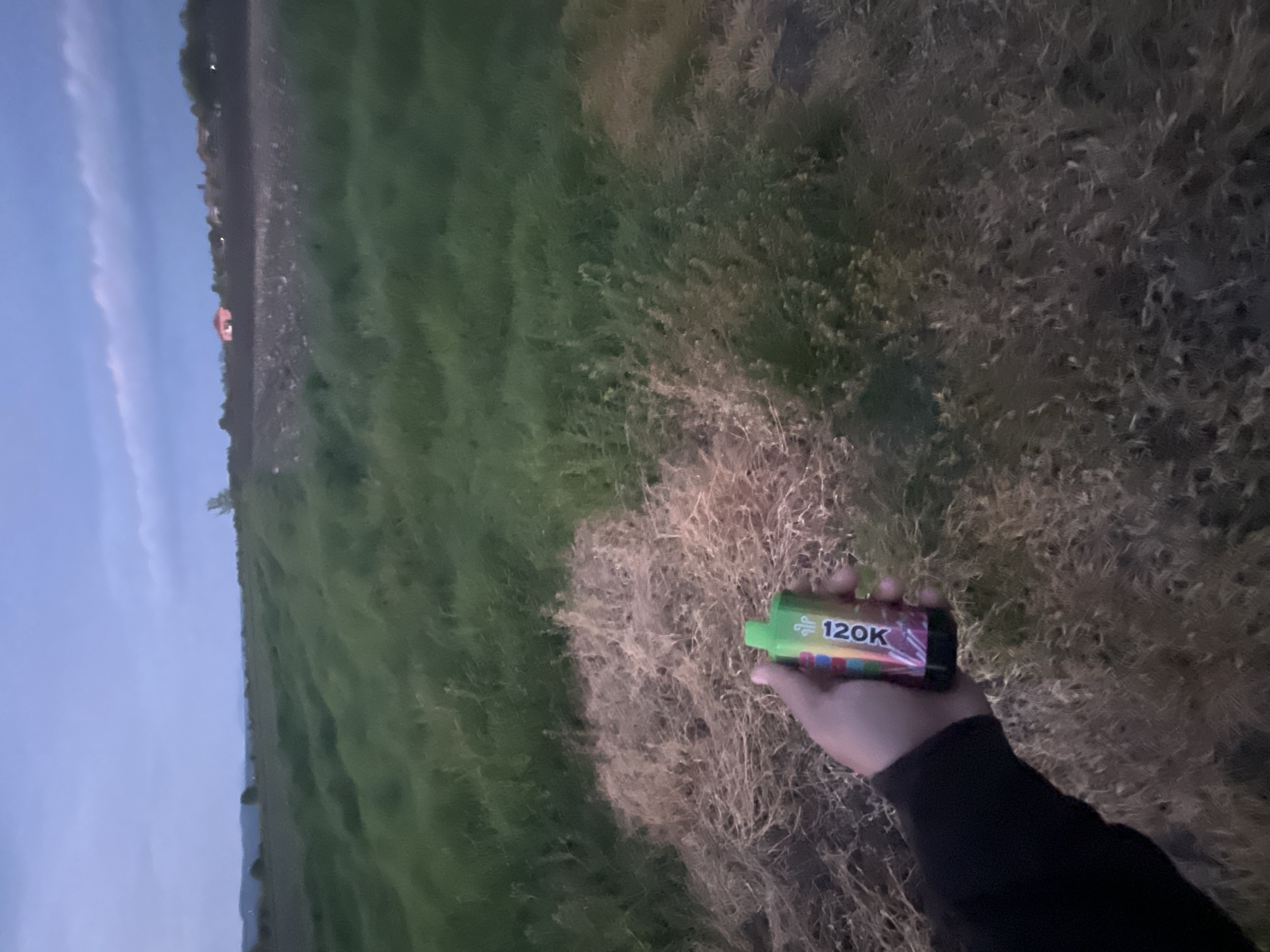 A person's hand, wearing a black long-sleeved garment, is holding a disposable vape pen labeled "120K". The background consists of a field with green and brown vegetation and a sky with blue and white hues, suggesting either dusk or dawn. There is no explicit information in the image to confirm the location as Nova Zagora, Bulgaria. The image does not depict any actions or interactions. The environment is a rural landscape.