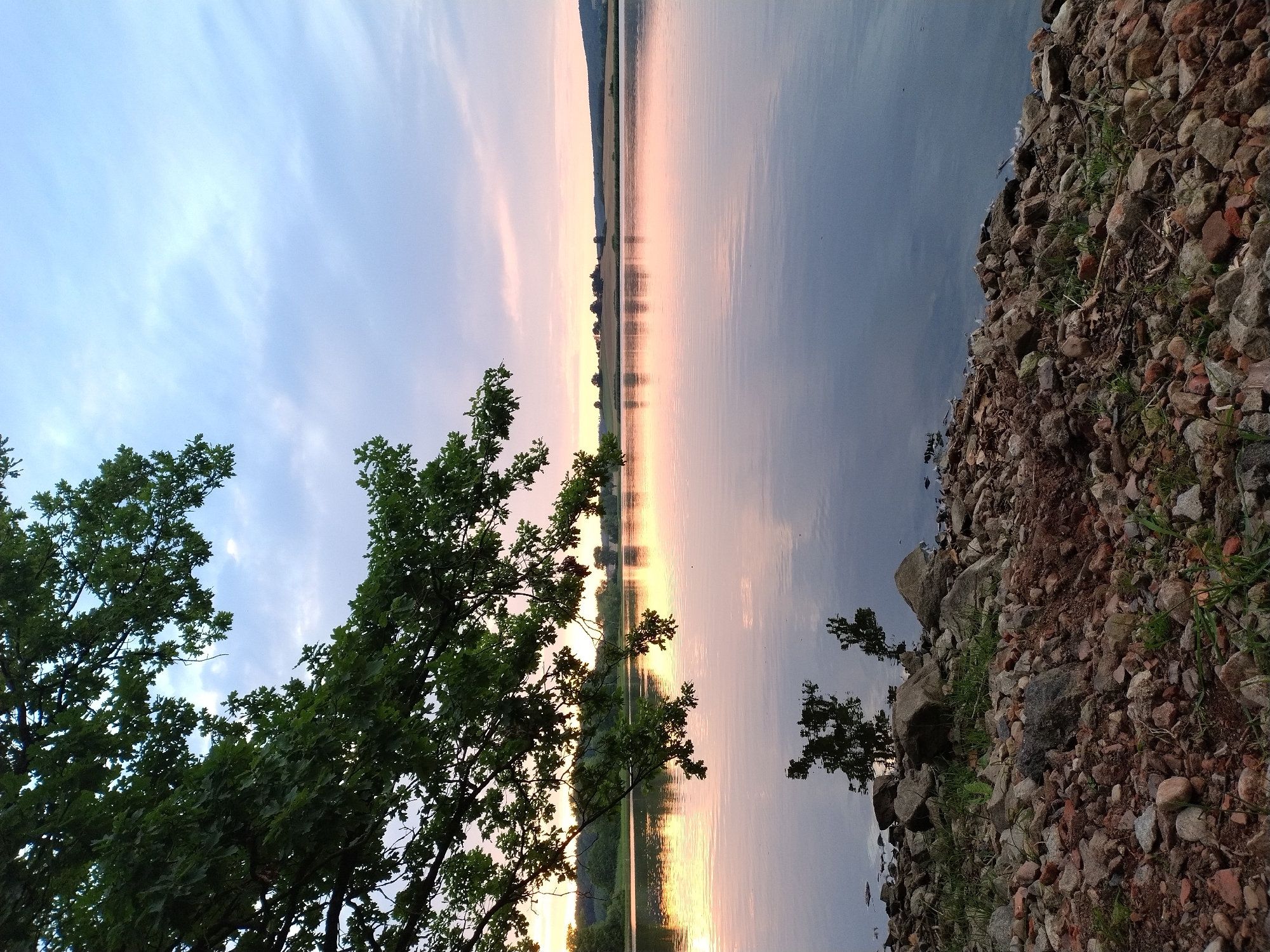 A photograph captures a tranquil lake scene at dusk, with a low-hanging tree branch in the foreground and a rocky shore. The sky displays a soft gradient of pink and blue hues, reflecting on the calm water. Distant trees and rolling hills form the horizon line. The foreground is characterized by a rugged, rocky embankment with scattered green vegetation. The overall atmosphere is serene and peaceful, suggesting a natural setting in or around Kestřany, Czechia.
