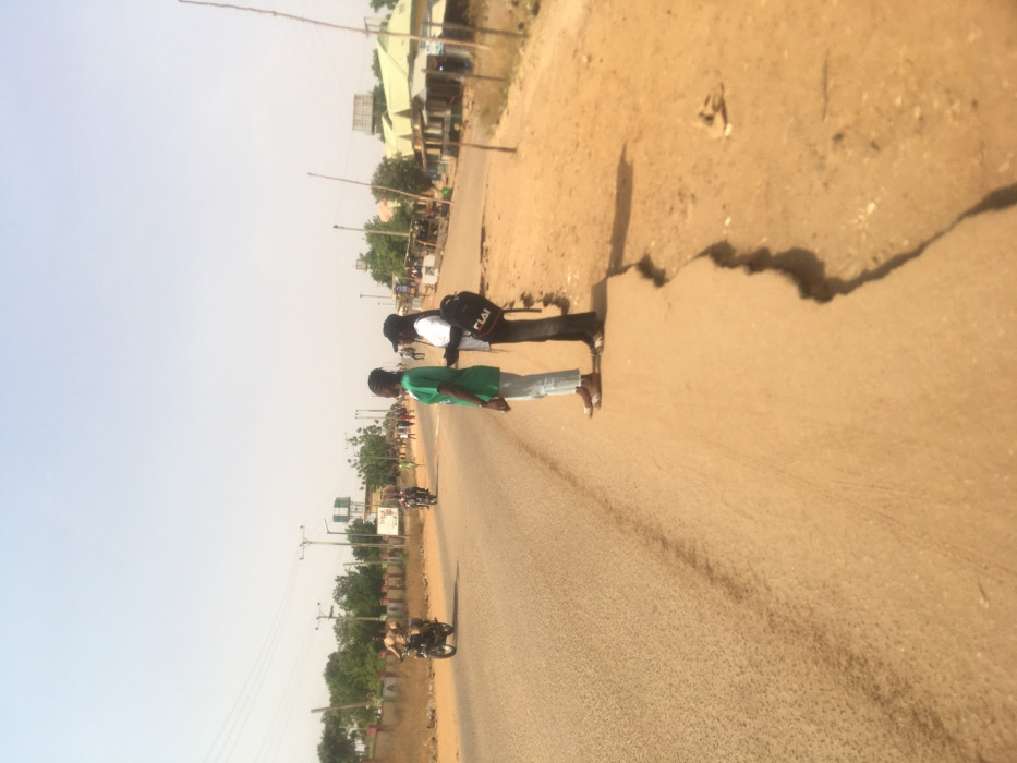 This image depicts a daytime scene on an asphalt road in Pindiga, Nigeria. In the foreground, two individuals are standing on the unpaved dirt shoulder, adjacent to the road's edge. The individual on the left is a female wearing a green t-shirt, light-colored long pants, and sandals, facing left in profile. The individual on the right is a female wearing a white t-shirt, dark pants, a dark baseball cap, and a dark backpack with "FIA" visible on it. She holds a dark object, possibly a phone, in her left hand, extended towards the other person. Their shadows are cast on the dirt to their right, indicating a sunlit environment.

The asphalt road, showing wear, stretches into the background. In the middle ground, a man is riding a motorcycle away from the camera on the left side of the road, and another motorcycle is further down. Utility poles and power lines run parallel to the road. On the right side of the road, multiple simple structures with light-colored roofs, some appearing green, are visible. Several people are walking in the distance along the right side of the road. A tall water tower stands prominently in the background, slightly to the left of the road. The environment includes sparse, low-lying vegetation and trees, consistent with a dry climate. The sky is clear and light-colored.