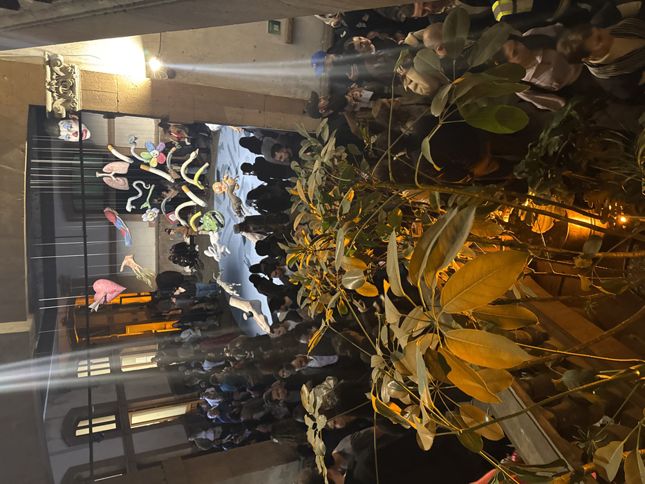 A nighttime gathering of people congregates around an art installation. The artwork features suspended, whimsical shapes like flowers, a heart, and lungs, arranged in a playful manner. Spotlights shine on the scene, illuminating the facade of a building with visible windows. In the foreground, lush foliage adds a contrasting natural element to the urban setting, partially obscuring the view.