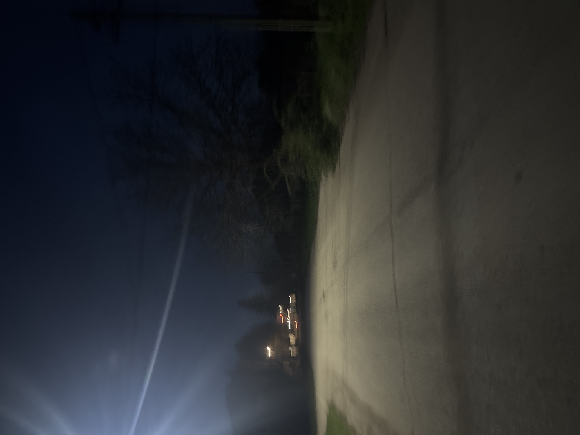 A dark, possibly nighttime, scene depicting a road with greenery on the sides. In the distance, blurred lights are visible, possibly from houses or streetlights. The location appears to be rural or on the outskirts of an area, as the scene is dominated by the road and vegetation. There is no visible presence of people, subjects, objects, actions, or interactions. The road is the primary object in the immediate foreground, and the environment is characterized by low light conditions. The presence of trees and general darkness suggest a wooded or sparsely populated location.