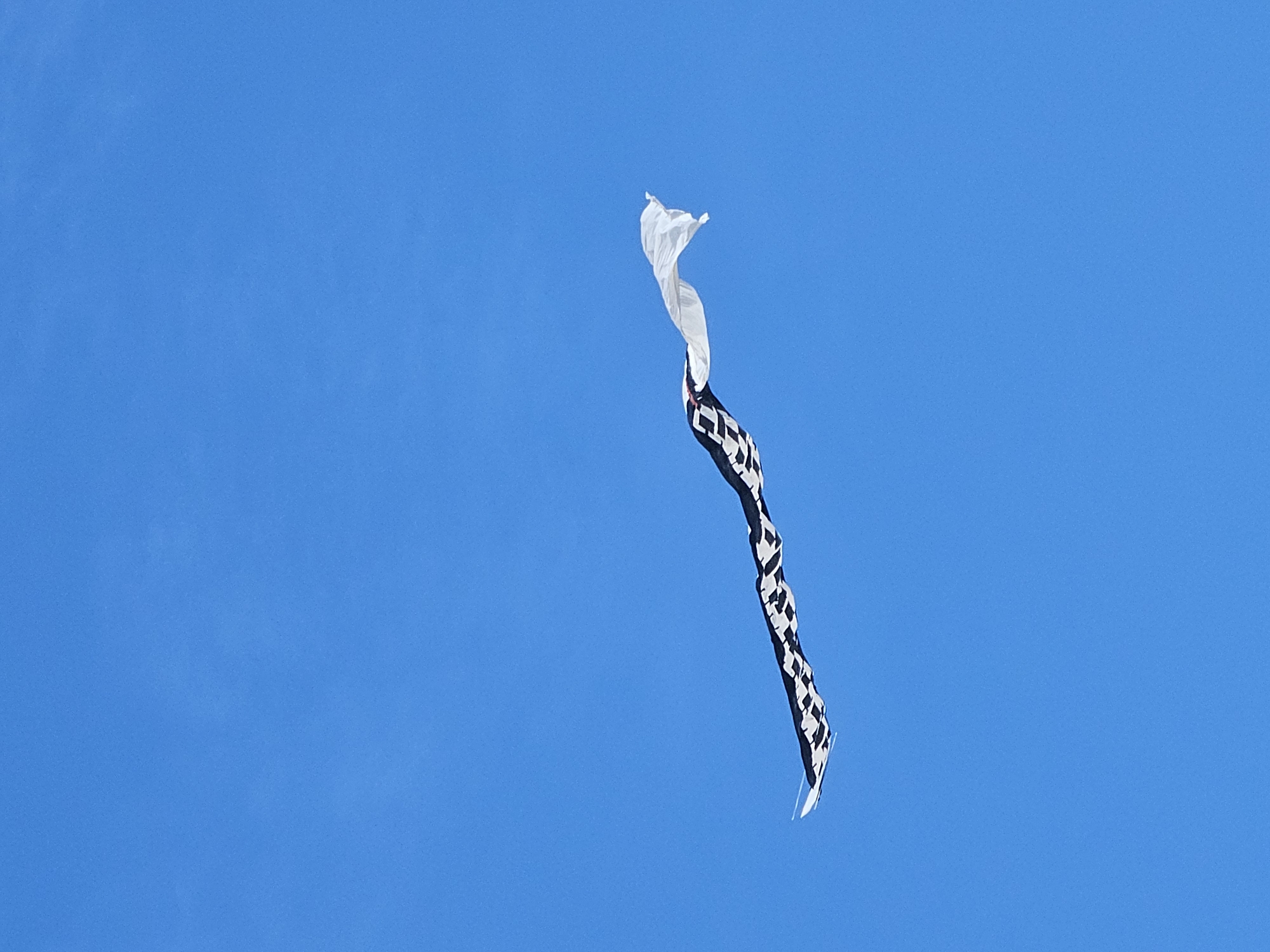 A kite is flying in a clear blue sky. The kite is predominantly white at the top and transitions to a black and white patterned design further down its tail. The location cannot be determined.