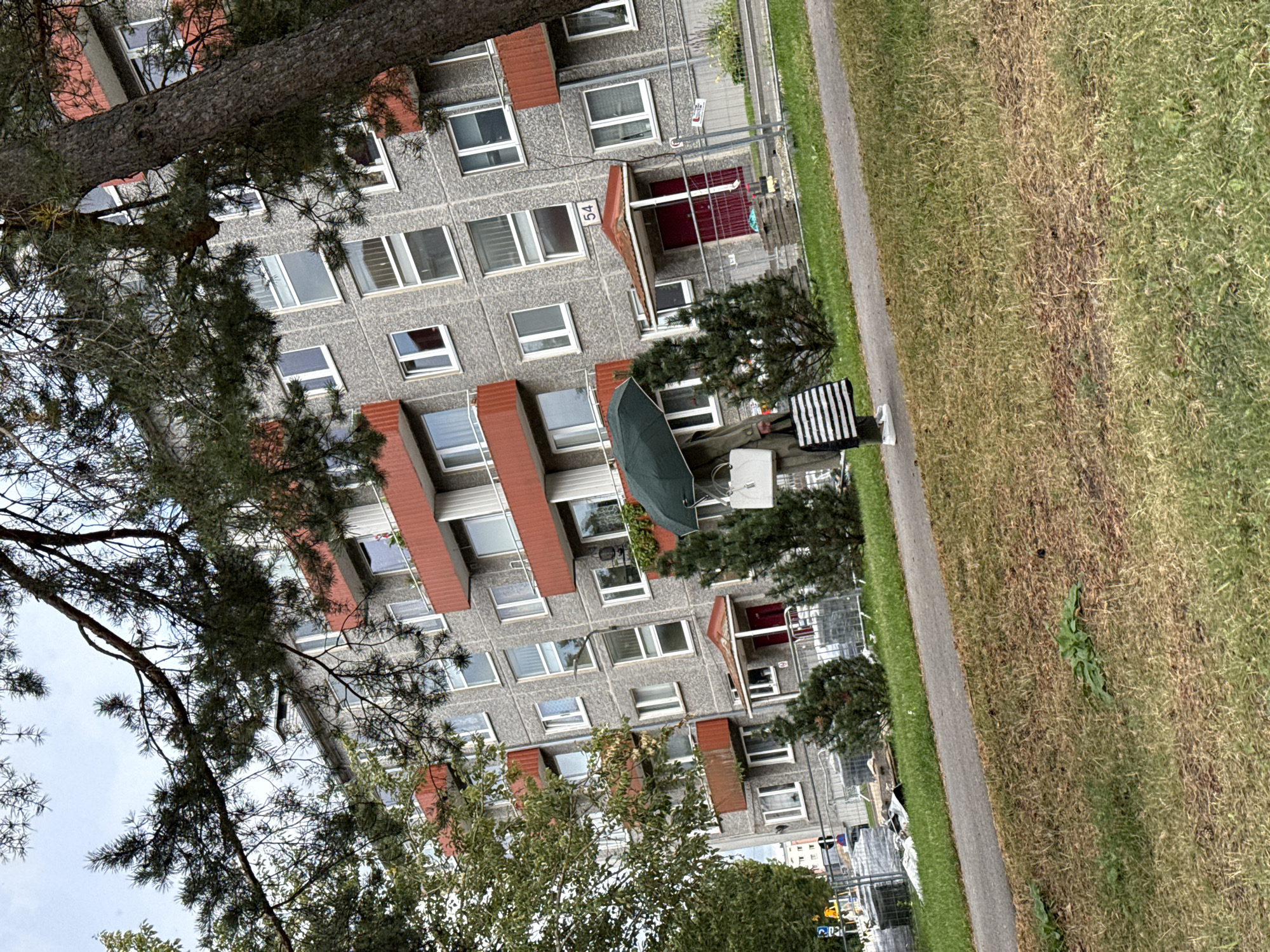 The image depicts a grey, multi-story apartment building with red balconies, identified by the house number "54" above the entrance. A person, seen from the waist down, is walking on a paved path in front of the building, holding a dark green umbrella and carrying two bags: a white tote bag and a black and white striped shopping bag. The person is wearing dark pants and white sneakers. In the foreground, there is a grassy area, and a sidewalk runs between the grass and the building. Several small evergreen trees are planted in front of the building, and a larger tree with dark bark is visible on the right side of the image, partially obscuring the building. Construction fencing is present in front of the building's ground level. The sky is overcast. The scene is located in Tallinn, Estonia, specifically in the Lasnamäe district.