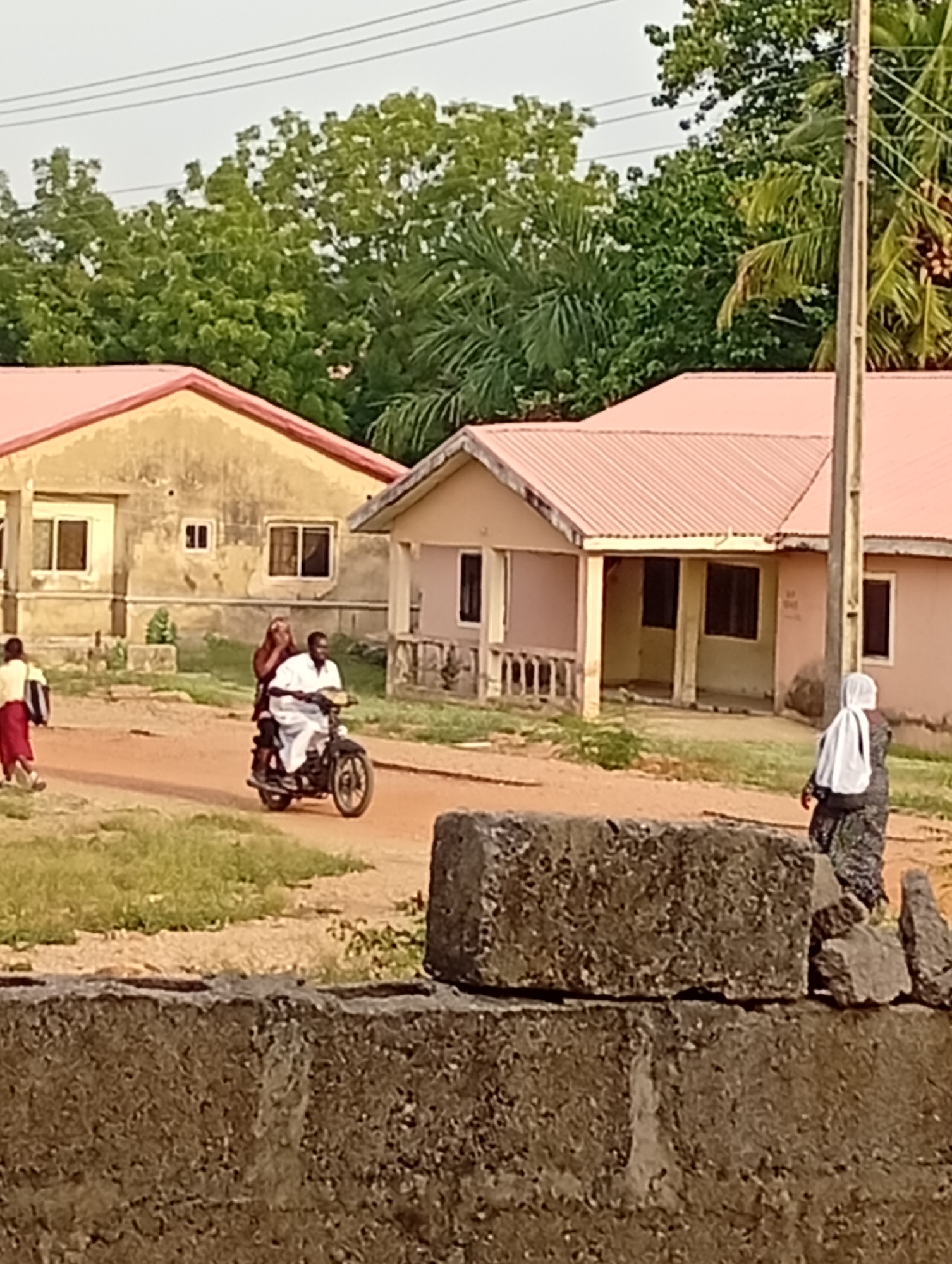 The image depicts a street scene in Adankolo, Nigeria. Two single-story buildings with reddish roofs are visible in the background. A man is driving a motorcycle with a passenger along a dirt road. A woman is walking on the right side of the road, wearing a headscarf. Another person is walking on the left side of the road. A concrete wall is in the foreground. Trees are visible in the background. A utility pole is also visible near the building on the right.